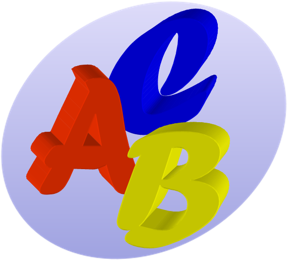 3D A B C 字母圖形 壁紙 — 三個大膽的3D字母A、B和C，分別為紅色、藍色和黃色，漂浮在柔和的薰衣草色橢圓形背景上。