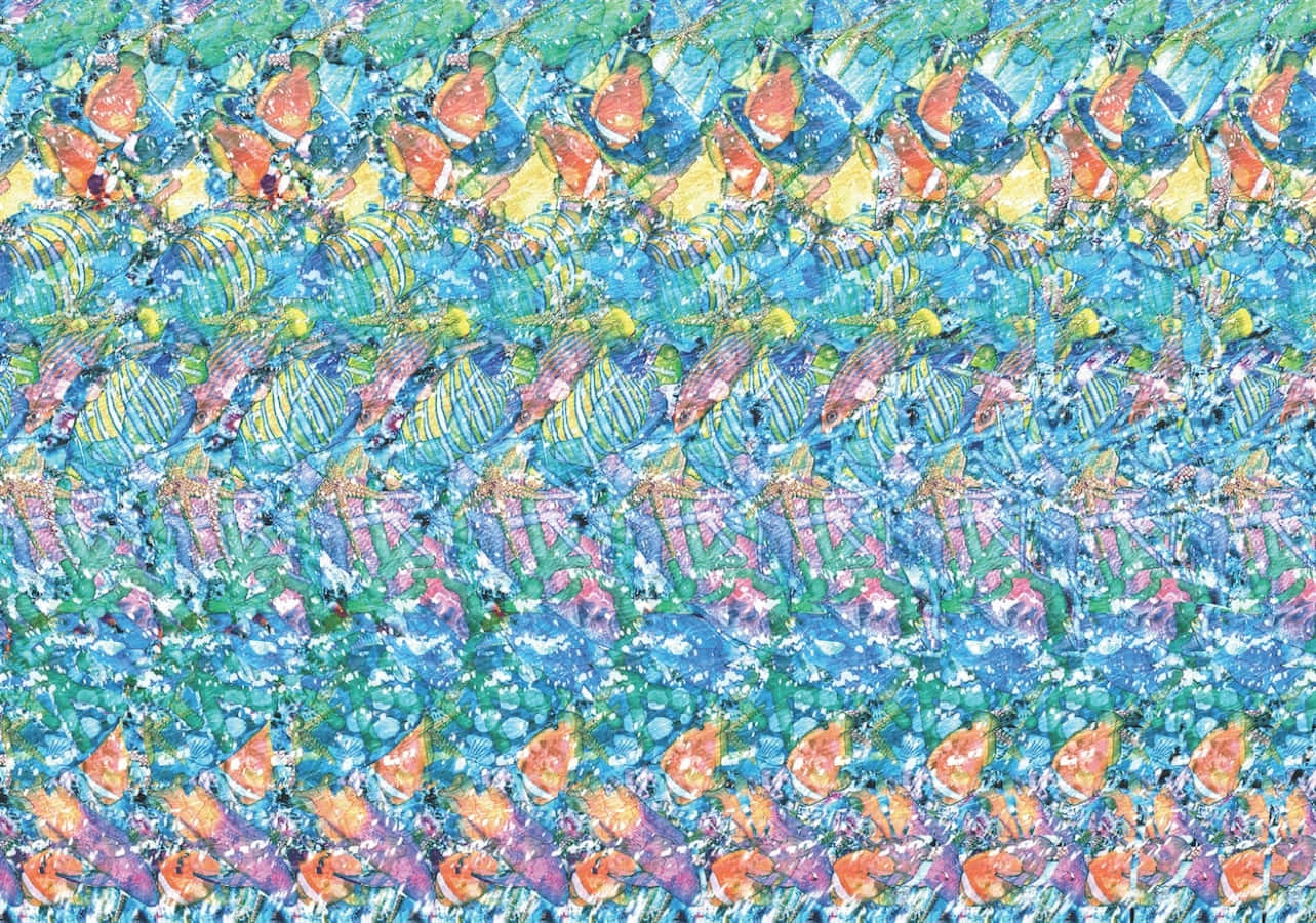 魔眼3D彩色魚尾立體圖 壁紙 — 充滿活力的抽象圖案，由風格化的魚在藍色、綠色和橙色的層疊波浪中游動，背景帶有紋理。