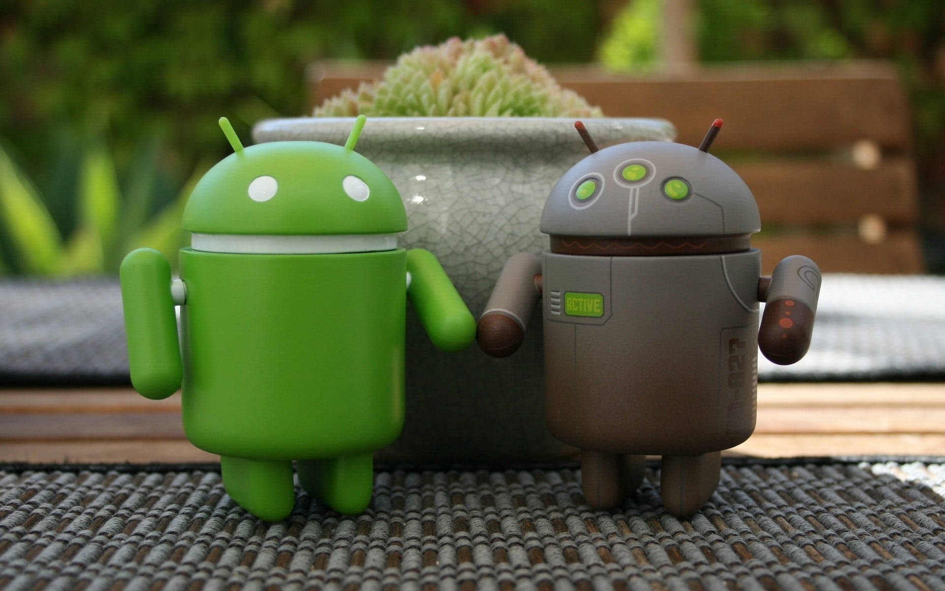 3D Android 机器人桌面背景 壁紙 — 兩個Android機械人公仔，一綠一灰，並排站在編織墊上，後面有一盆多肉植物。