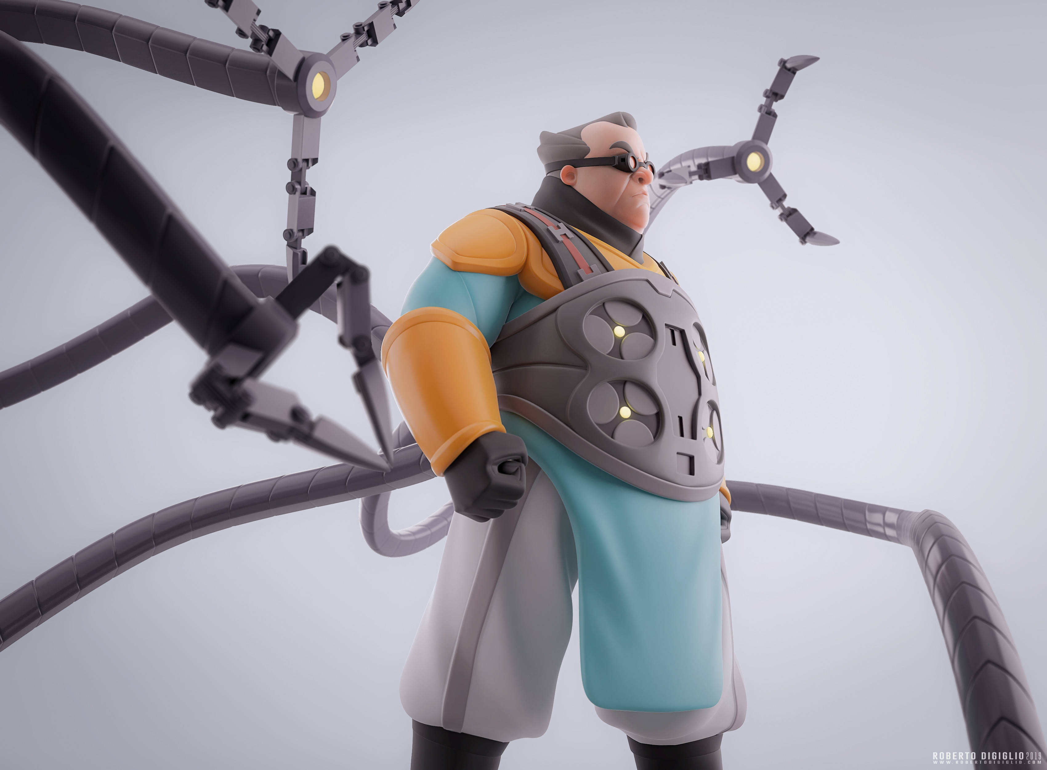 章魚博士3D藝術 壁紙 — 一個風格化的動畫科學家，擁有機械肢體和發光關節，站在純灰色背景前。
