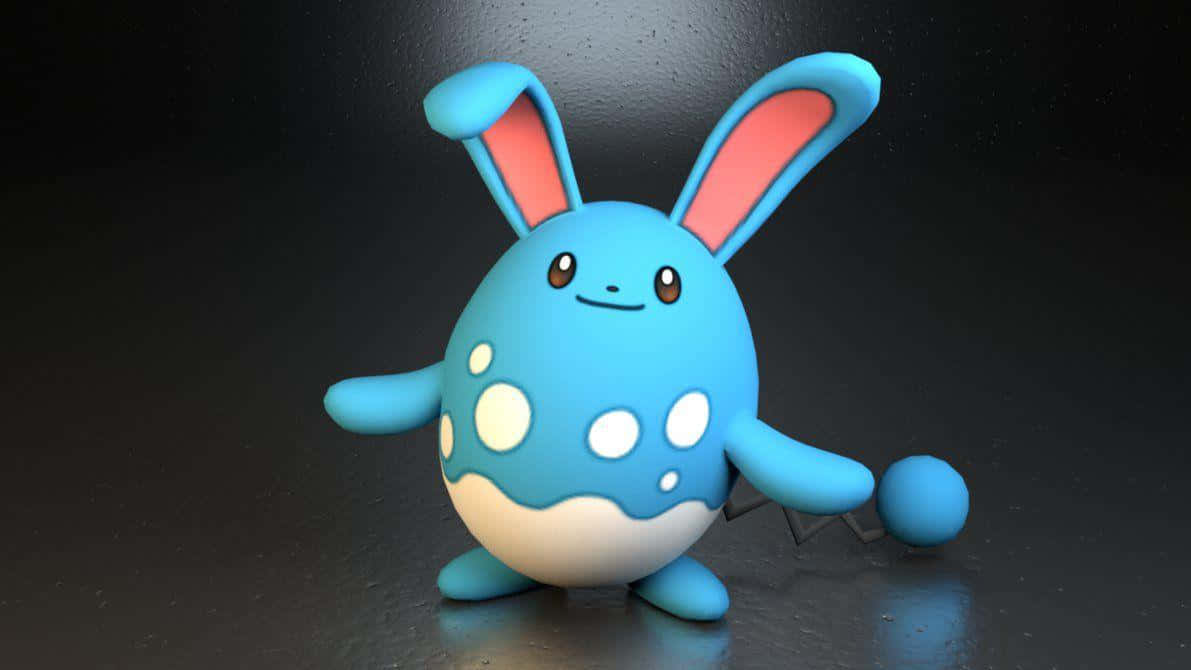 3D Azumarill 黑色背景 壁紙 — 一隻藍色兔仔狀嘅寵物小精靈，有白色斑點同粉紅色內耳，企喺深色反光表面上。