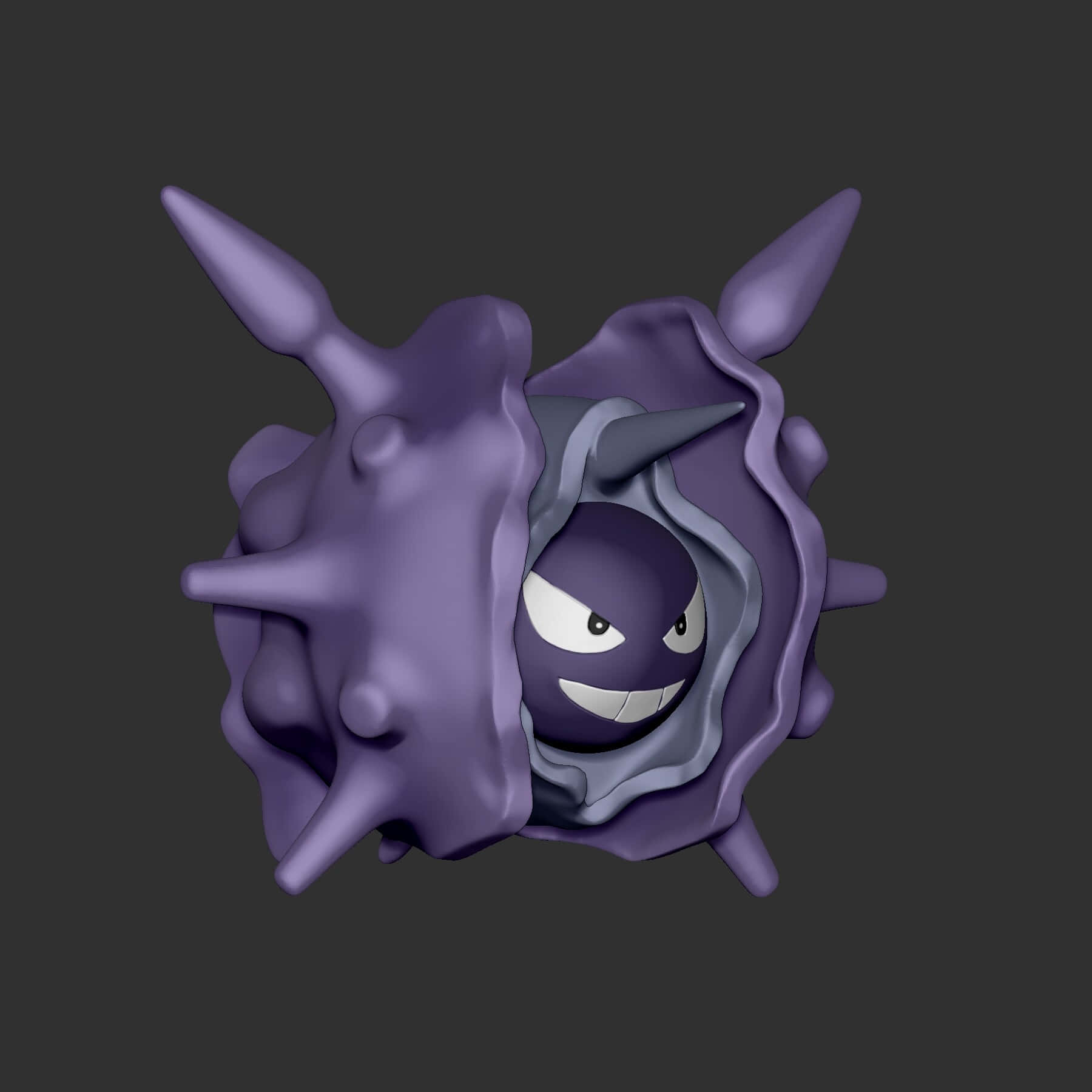 3D Cloyster 渲染圖 壁紙 — 一隻帶有尖銳尖刺和咧嘴笑臉的威脅性紫色寶可夢，在深灰色背景上從殼中探出頭來。