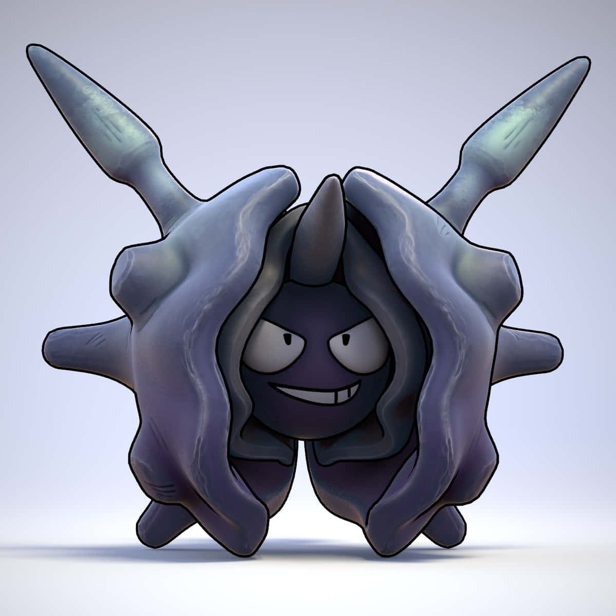 3D Cloyster 藝術 壁紙 — 一隻帶有鋒利金屬尖刺和咧嘴笑臉的威脅性紫色寶可夢，站在純淺灰色背景前。