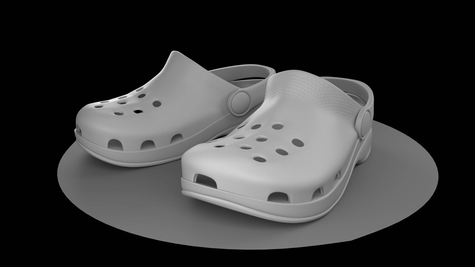 3D Crocs涼鞋藝術圖 壁紙 — 一對帶通風孔的灰色木屐涼鞋放在黑色背景的圓形平台上。