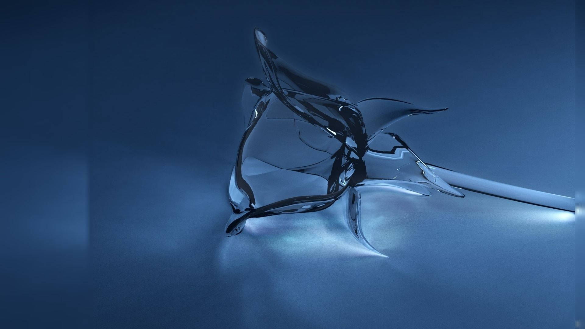 玻璃玫瑰3D動態 壁紙 — 一件流線型的玻璃雕塑，帶有流動的曲線，在漸變背景上散發著冷藍光。
