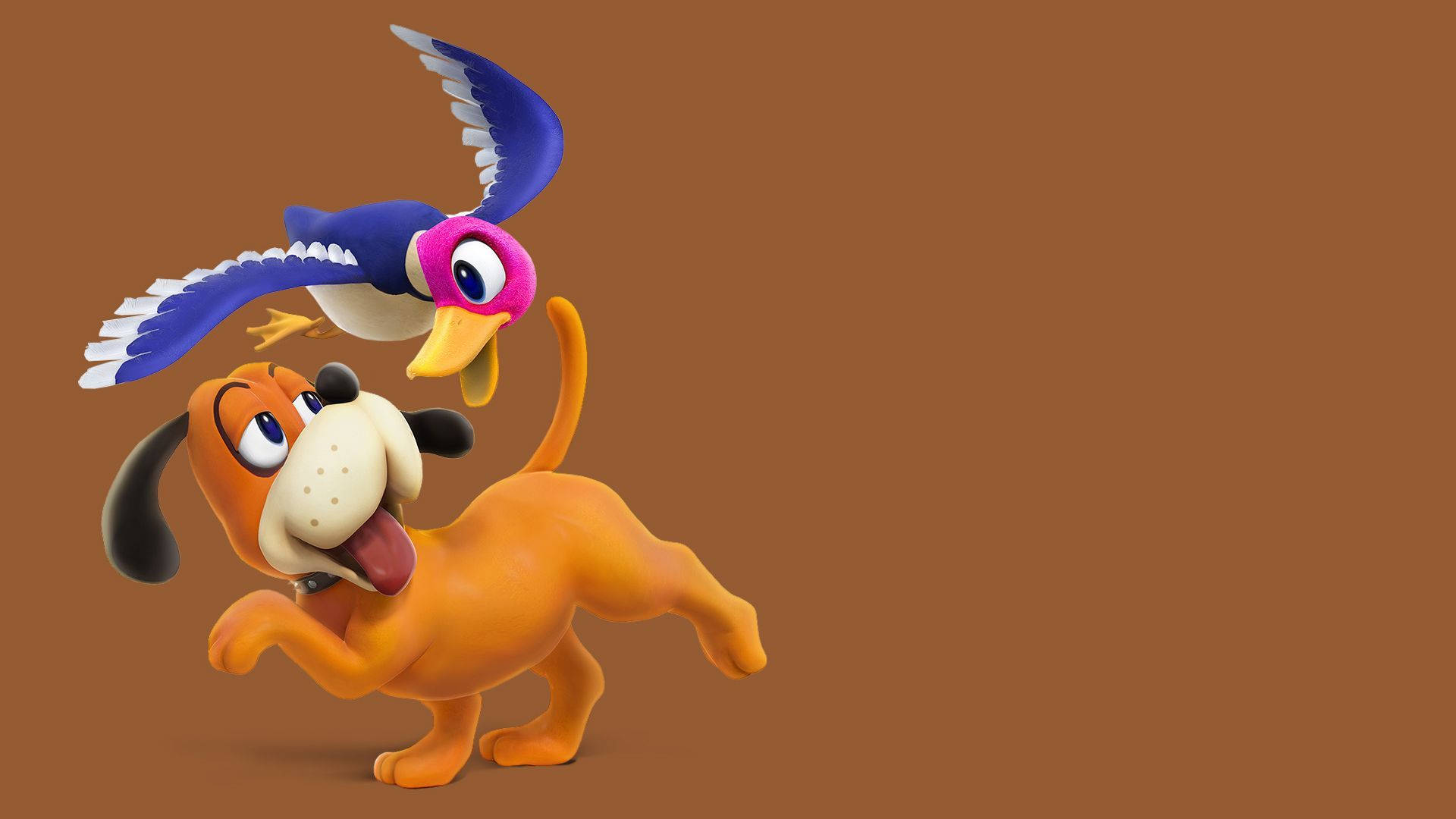 3D Duck Hunt 雙主角棕色背景 壁紙 — 一隻快樂的橙色狗，背上有隻藍色小鳥，背景是純棕色。