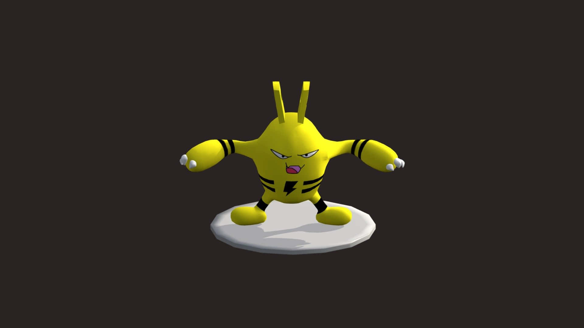 淺黃色 3D Elekid 壁紙 — 一隻黃色電屬性寶可夢，帶有黑色條紋和憤怒表情，站在白色平台上，背景為深色。