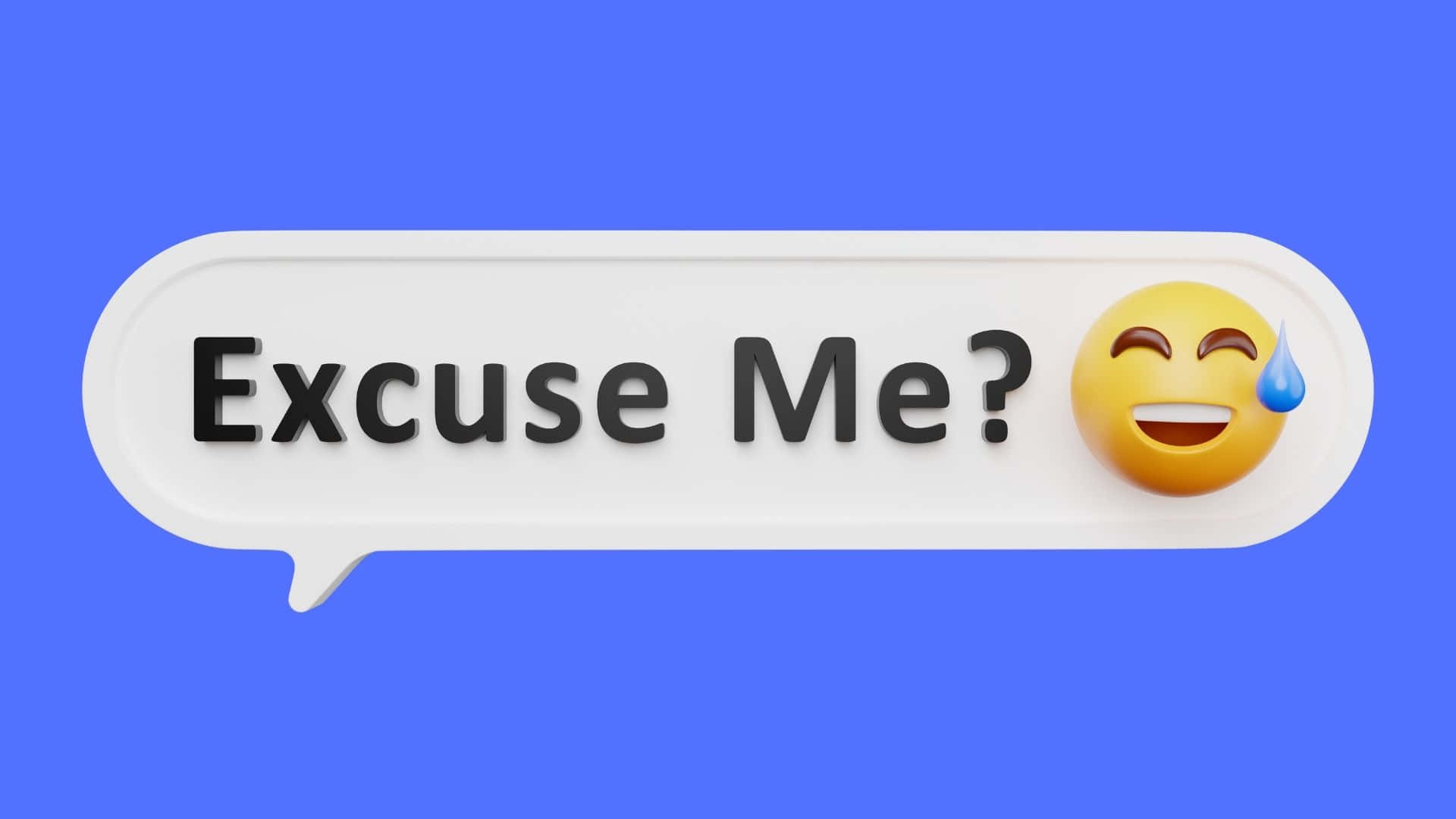 3D Emoji 表達「請問」於數碼螢幕上 壁紙 — 白色對話框，粗體文字寫著「唔好意思？」同一個流汗笑臉表情符號，背景係純藍色。