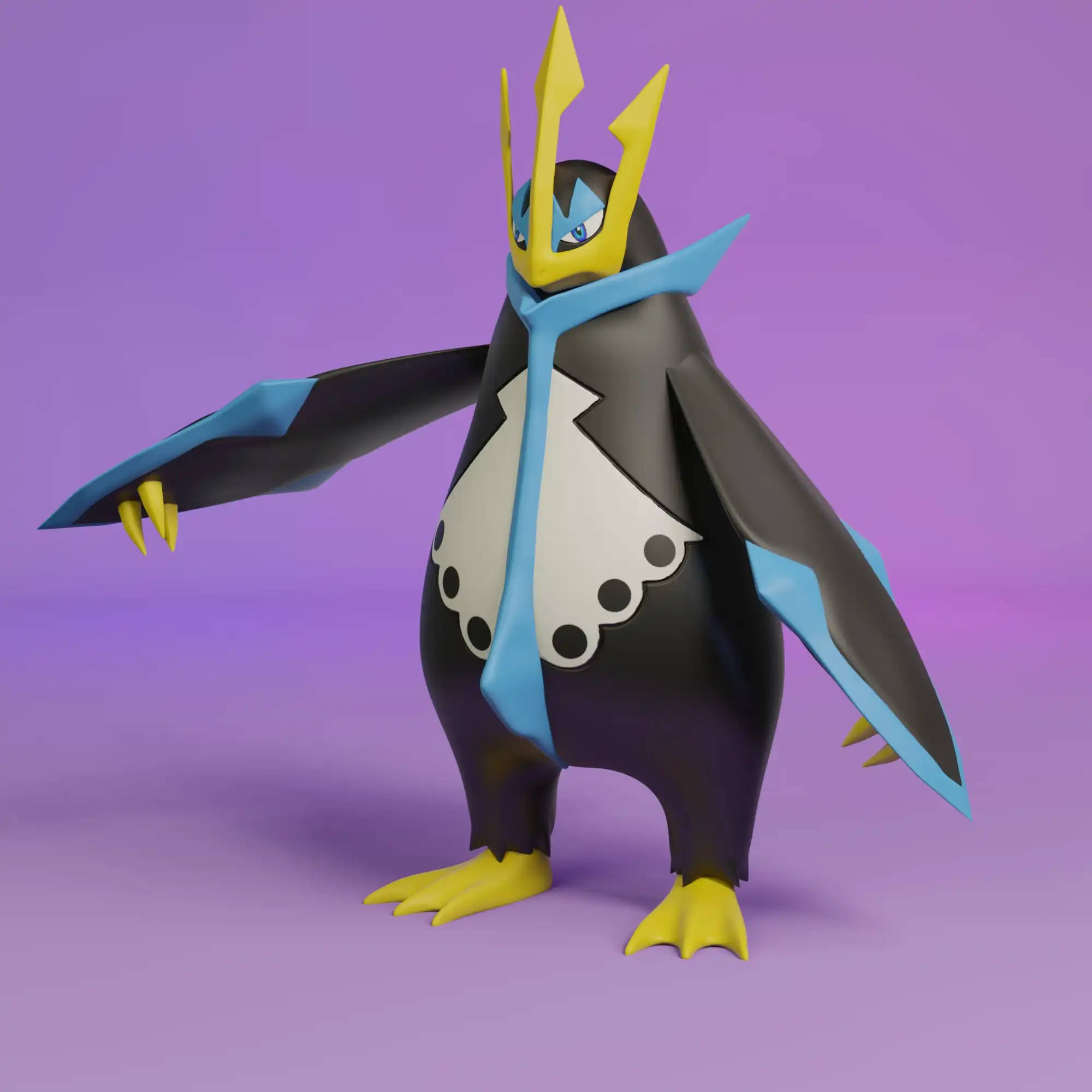3D Empoleon 渲染圖 壁紙 — 一隻威嚴的3D渲染企鵝般嘅小精靈，戴住金色皇冠同藍色圍巾，企喺柔和紫色漸變背景前面。