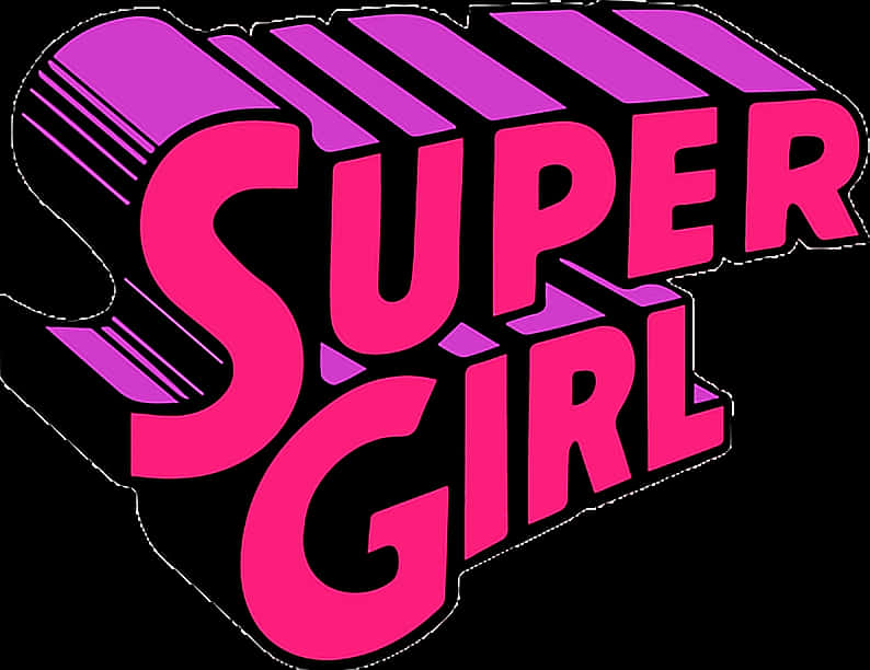 超級女孩3D文字貼紙 壁紙 — 為 Super Girl 設計的醒目 3D 文字標誌，採用鮮豔粉紅與紫色，襯托 stark 黑色背景。
