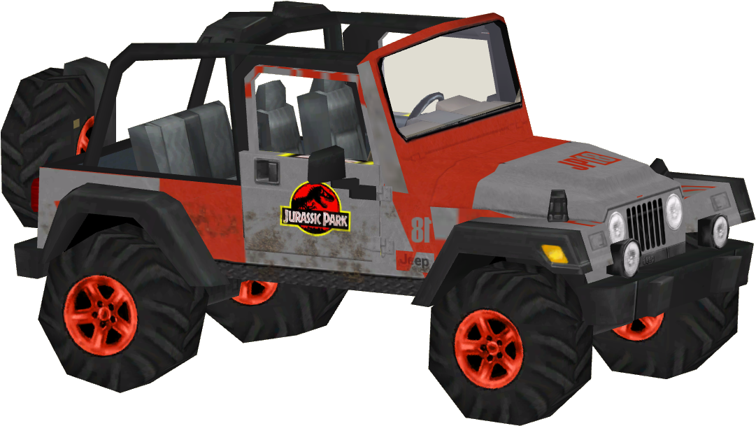 侏羅紀公園吉普車 3D模型 壁紙 — 紅色和灰色的侏羅紀公園 Jeep Wrangler，帶有橙色輪圈和泥濘飛濺，背景透明。
