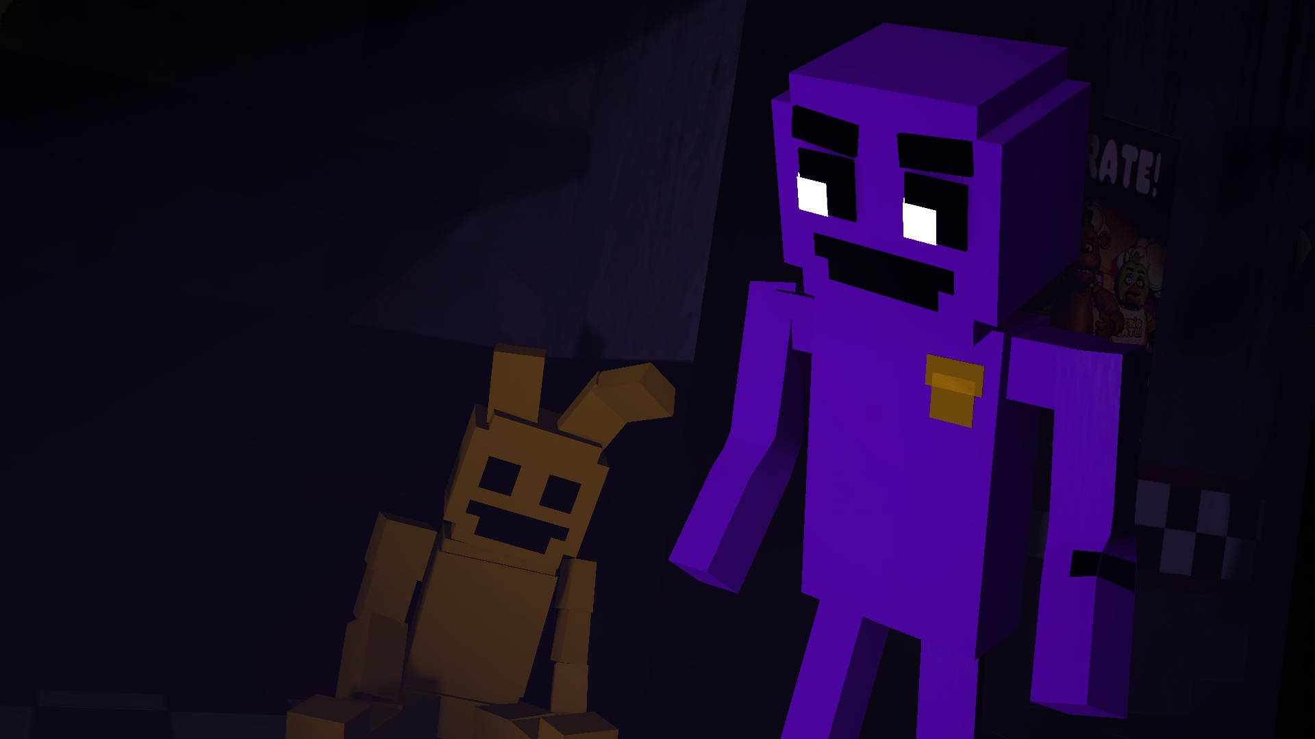 3D FNAF 8位元紫色角色 壁紙 — 兩個方塊卡通角色，一個紫色一個棕色，站在一個黑暗的房間裡，眼睛發光，背景有棋盤格圖案。