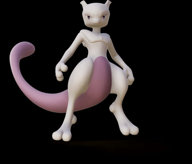 超夢 3D 模型 壁紙 — 一隻光滑的白色和薰衣草色超夢，在純黑色背景前擺出姿勢，帶有平滑的3D渲染輪廓。