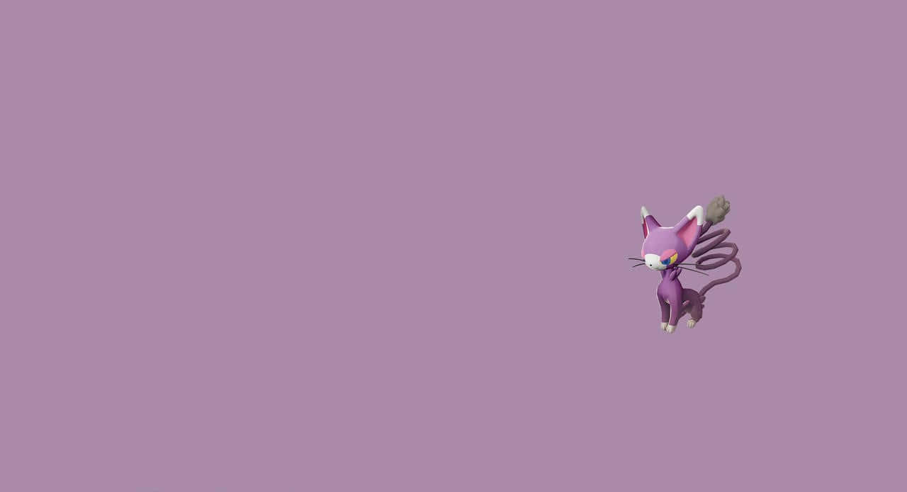 紫色背景 3D Glameow 模型 壁紙 — 一隻紫色貓狀寶可夢，長長的捲曲尾巴，獨自站在純薰衣草色背景前。