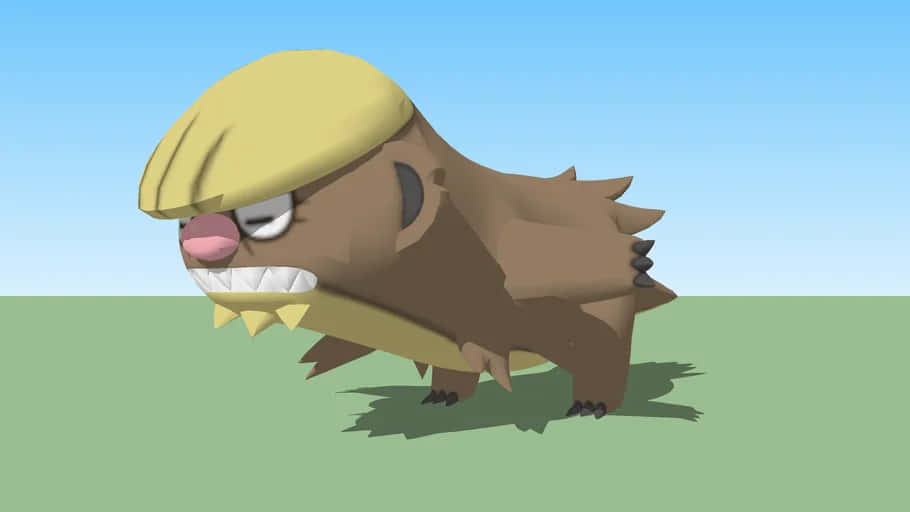 3D 藝術 Gumshoos 壁紙 — 一個卡通風格、啡色、類似箭豬的生物，戴著黃色帽子，露出尖銳的牙齒，站在藍天白雲下的綠色草地上。