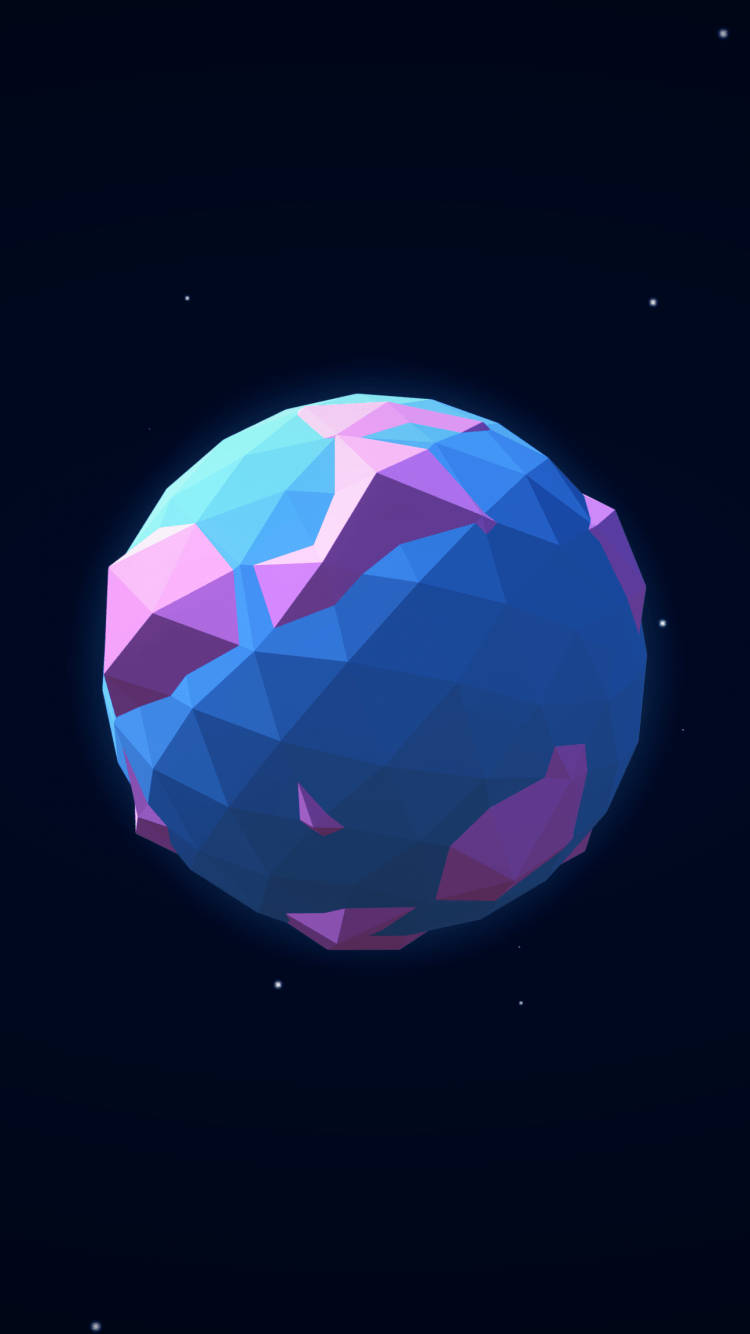 可愛 3D 手機多邊形星球 壁紙 — 一顆發光的低多邊形行星，帶有藍色和紫色面，在繁星點點的夜空中寧靜地漂浮。