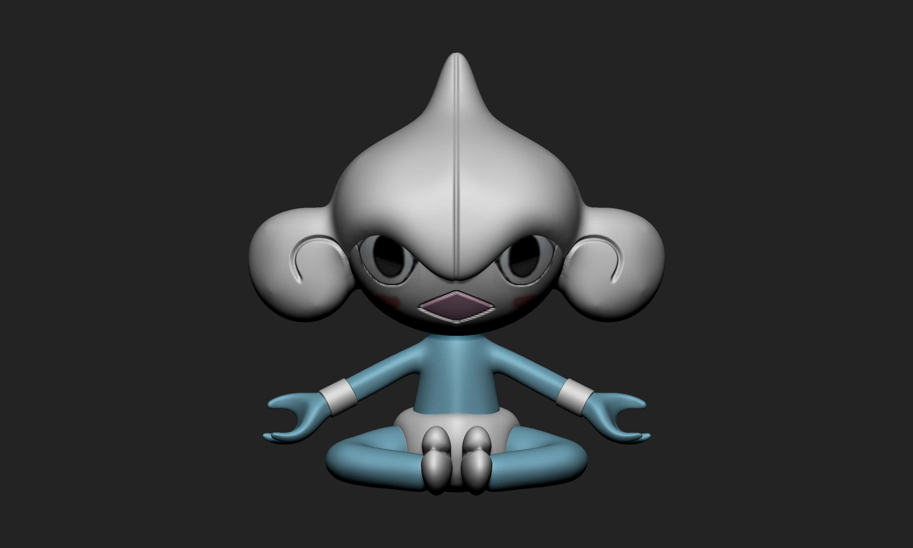 3D冥想美迪蒂 壁紙 — 一個風格化的3D渲染動漫角色盤腿打坐，背景為深灰色。