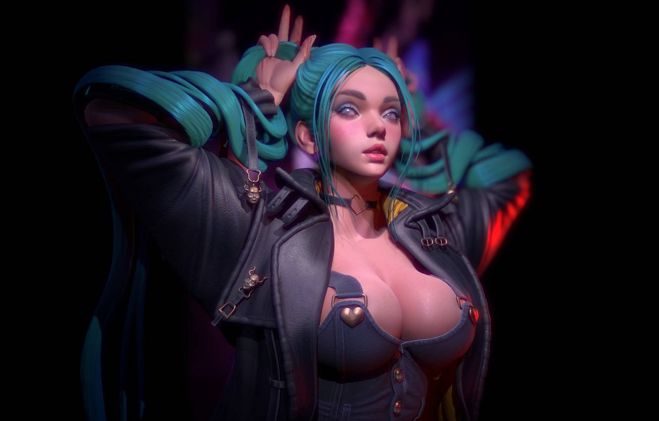3D Hatsune Miku 女孩胸部圖 壁紙 — 一位風格化的動漫女性，擁有青色頭髮和皮夾克，在黑暗的霓虹燈背景下自信地擺姿勢。