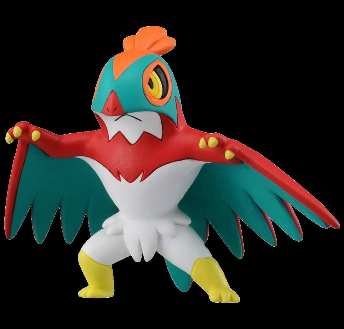 3D 動態 Hawlucha 壁紙 — 一個充滿活力的動漫風格鳥類寶可夢公仔，帶有紅色、藍綠色和黃色點綴，在黑色背景上動態站立。