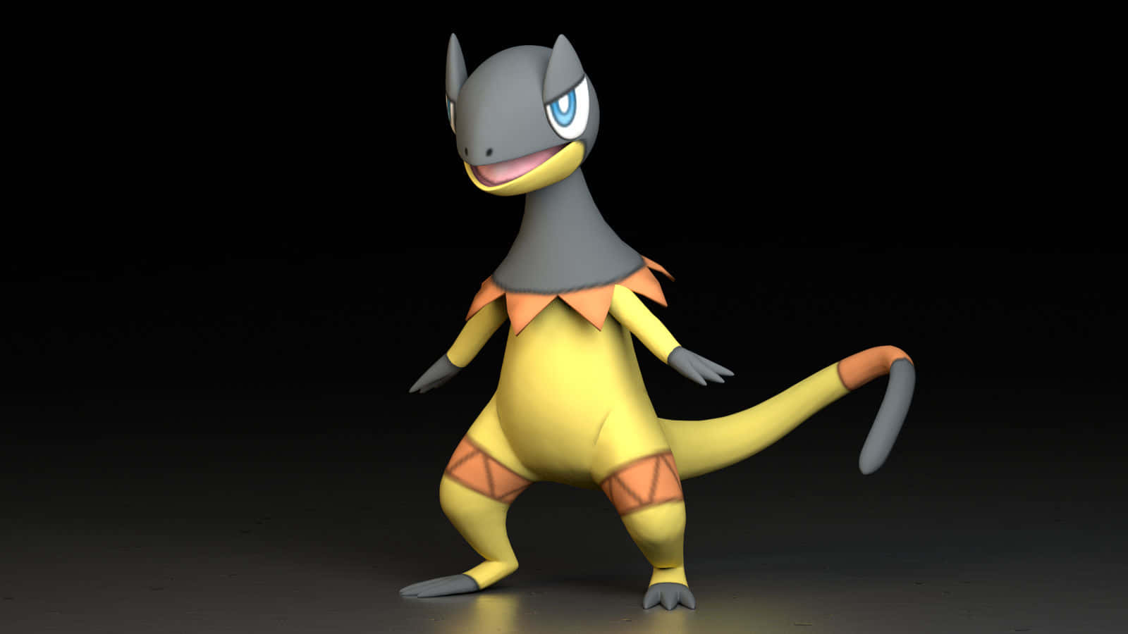 3D Heliolisk黑色背景 壁紙 — 一隻開心嘅卡通恐龍Pokémon，黃色身體橙色點綴，藍色眼睛，企喺深色背景前面。