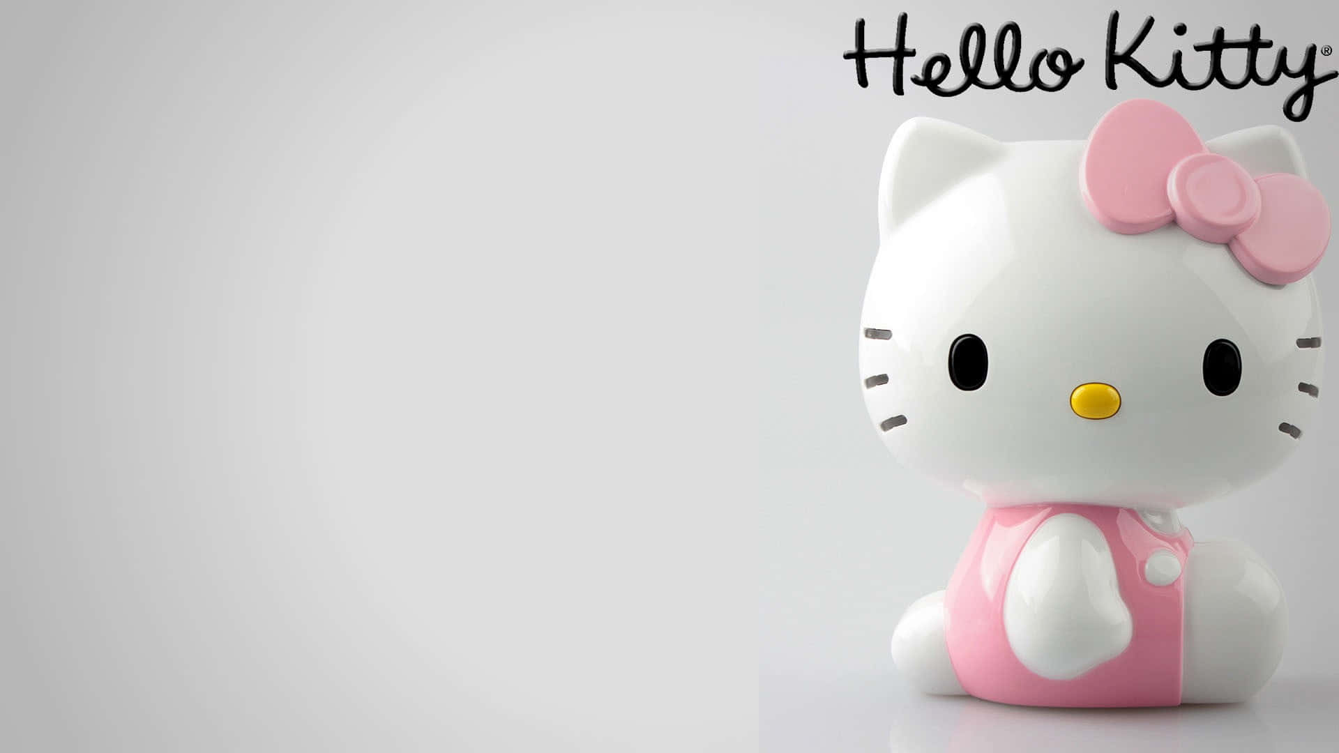 3D Hello Kitty海報背景 壁紙 — 一個光滑的白色Hello Kitty公仔，戴著粉紅色蝴蝶結和裙子，坐在柔和的漸變背景上。