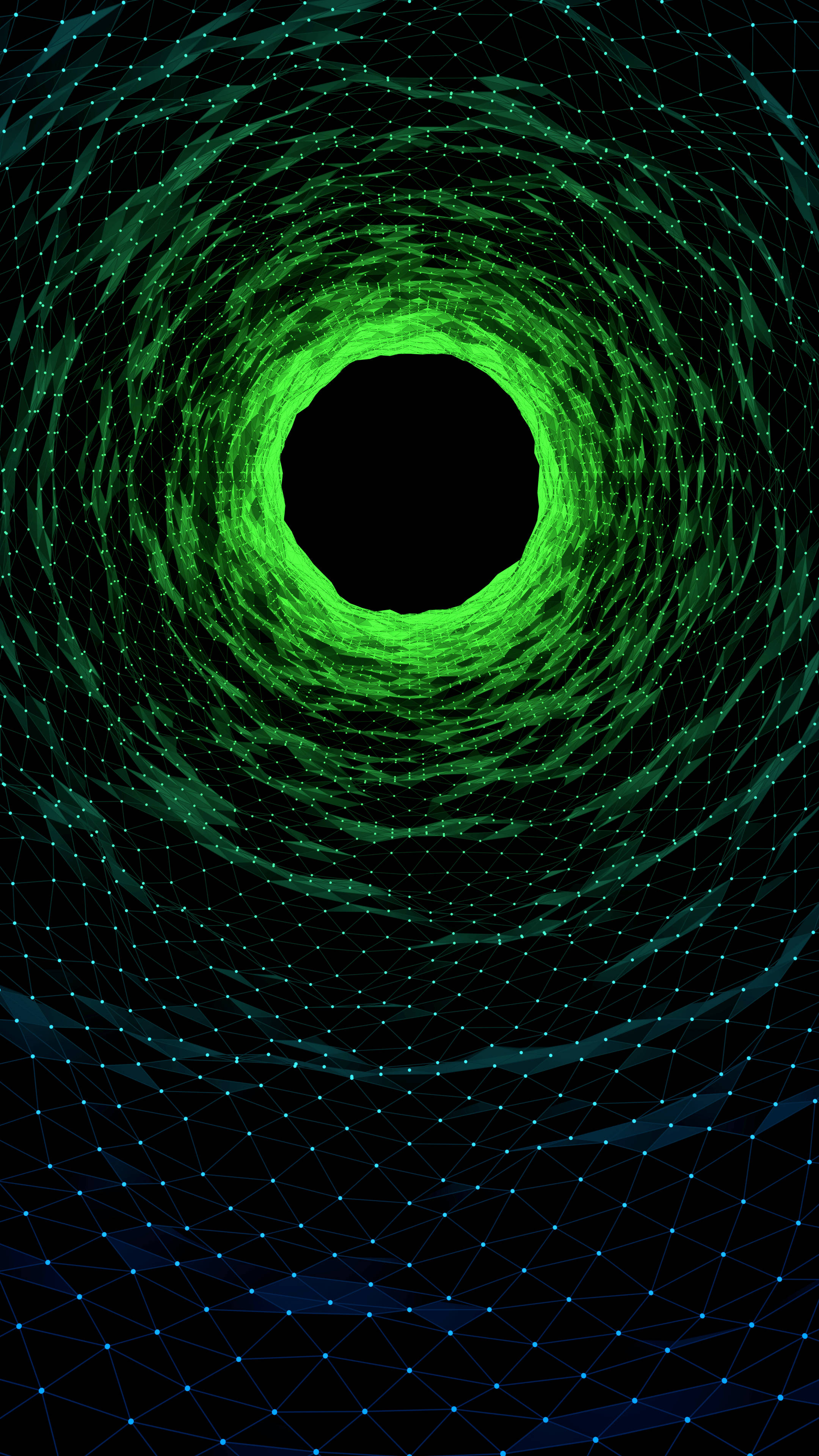 3D iPhone 綠色渦旋 壁紙 — 一個迷人的數碼隧道，由發光的綠色粒子向內螺旋，背景為深色網格。