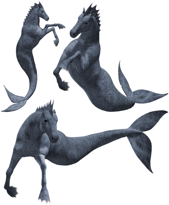 三隻3D海馬數位藝術 壁紙 — 三隻灰色馬美人魚，身有鱗片和魚尾，在黑色背景上動態擺姿勢。