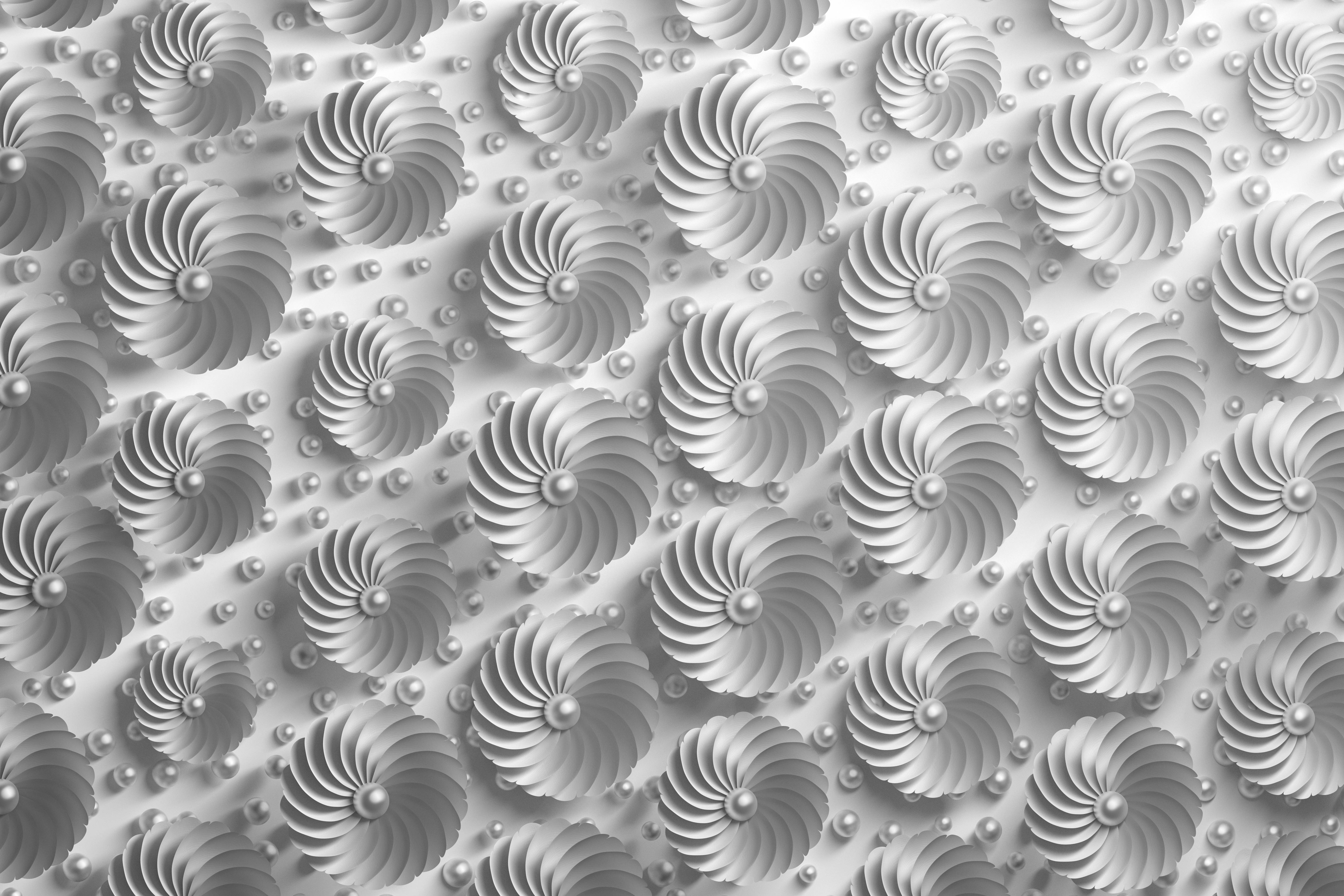 白色高畫質3D花朵紋理 壁紙 — 一款單色牆紙，帶有重複的3D螺旋圖案和珍珠般的圓點，營造出有紋理的幾何設計。