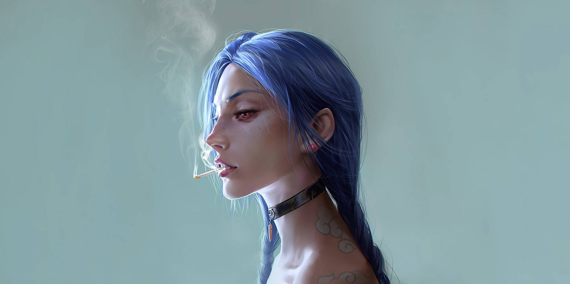 一位藍髮女性抽煙，煙霧從她的嘴唇升起。