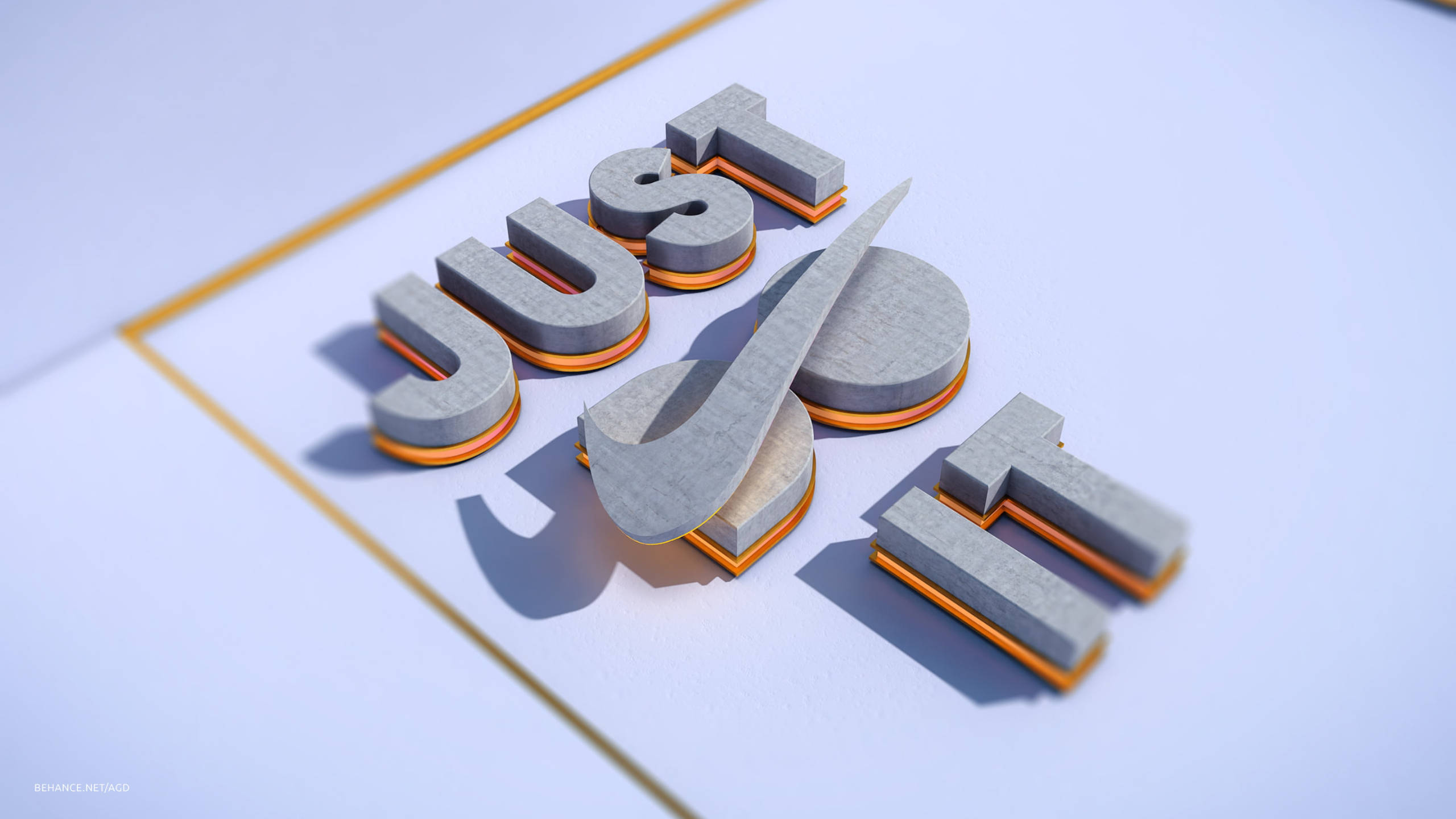 3D Just Do It 藍色海報 壁紙 — 粗體3D字母拼出「JUST DO IT」，橙色底座在淺藍色表面上投射出銳利陰影，表面由金色線條框住。