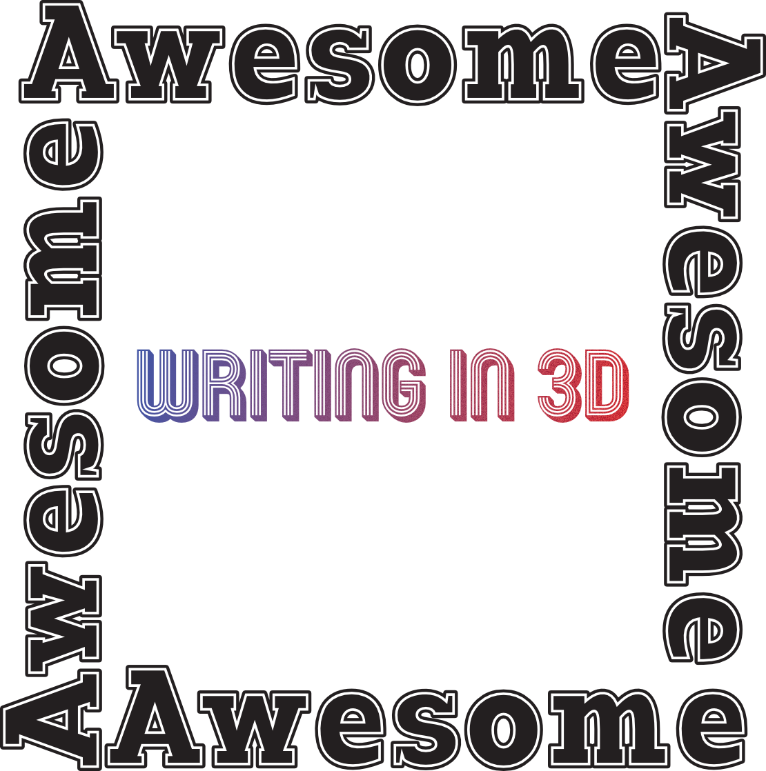 3D字體示範 壁紙 — 粗體黑色「Awesome」文字在白色背景上形成邊框，圍繞著漸層紫紅色「WRITING IN 3D」居中顯示。