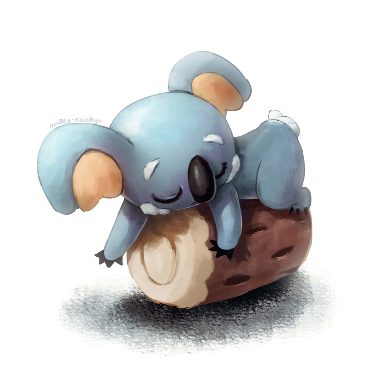 可愛 3D Komala 壁紙 — 一隻可愛的藍色樹熊，有桃色耳朵，在白色背景上蜷縮在棕色木頭上安詳地睡覺。