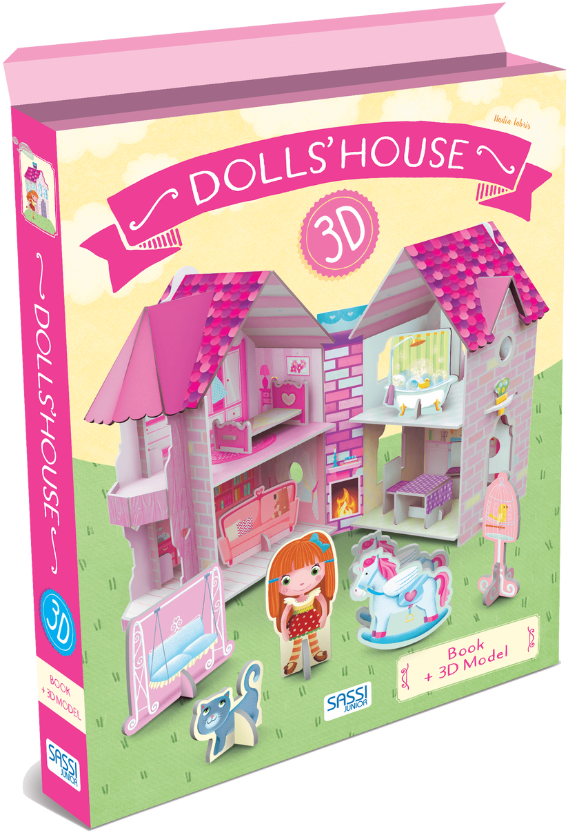 3D娃娃屋書籍與模型包裝 壁紙 — 一個充滿活力的粉紅色3D娃娃屋套裝盒，配有女貓搖馬和詳細的內部房間。