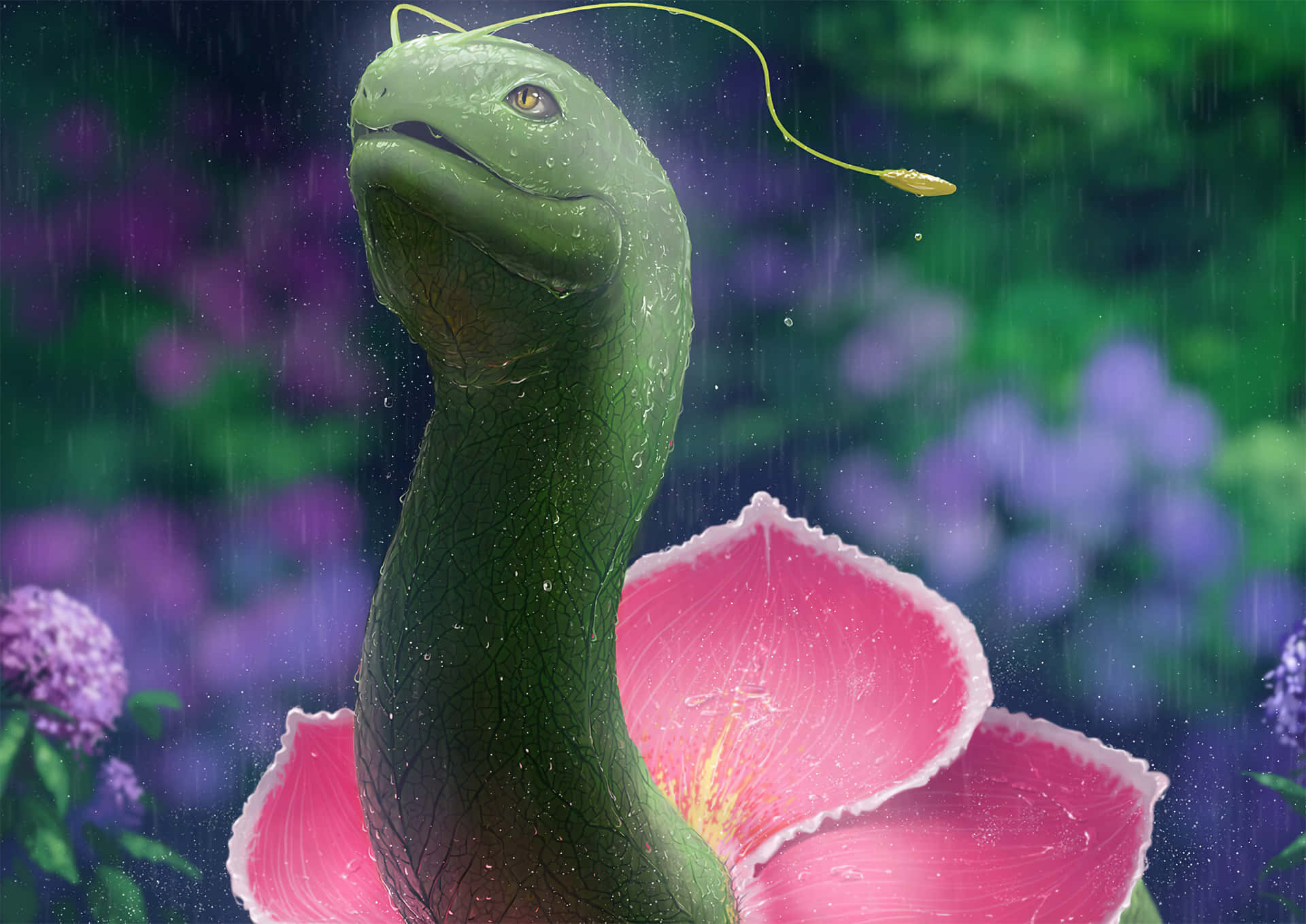 現實感3D Meganium 雨中插畫 壁紙 — 一條綠色長觸角的蛇從雨中的花園裏一朵粉紅色的花中探出頭來，花園裏還有紫色的花朵。