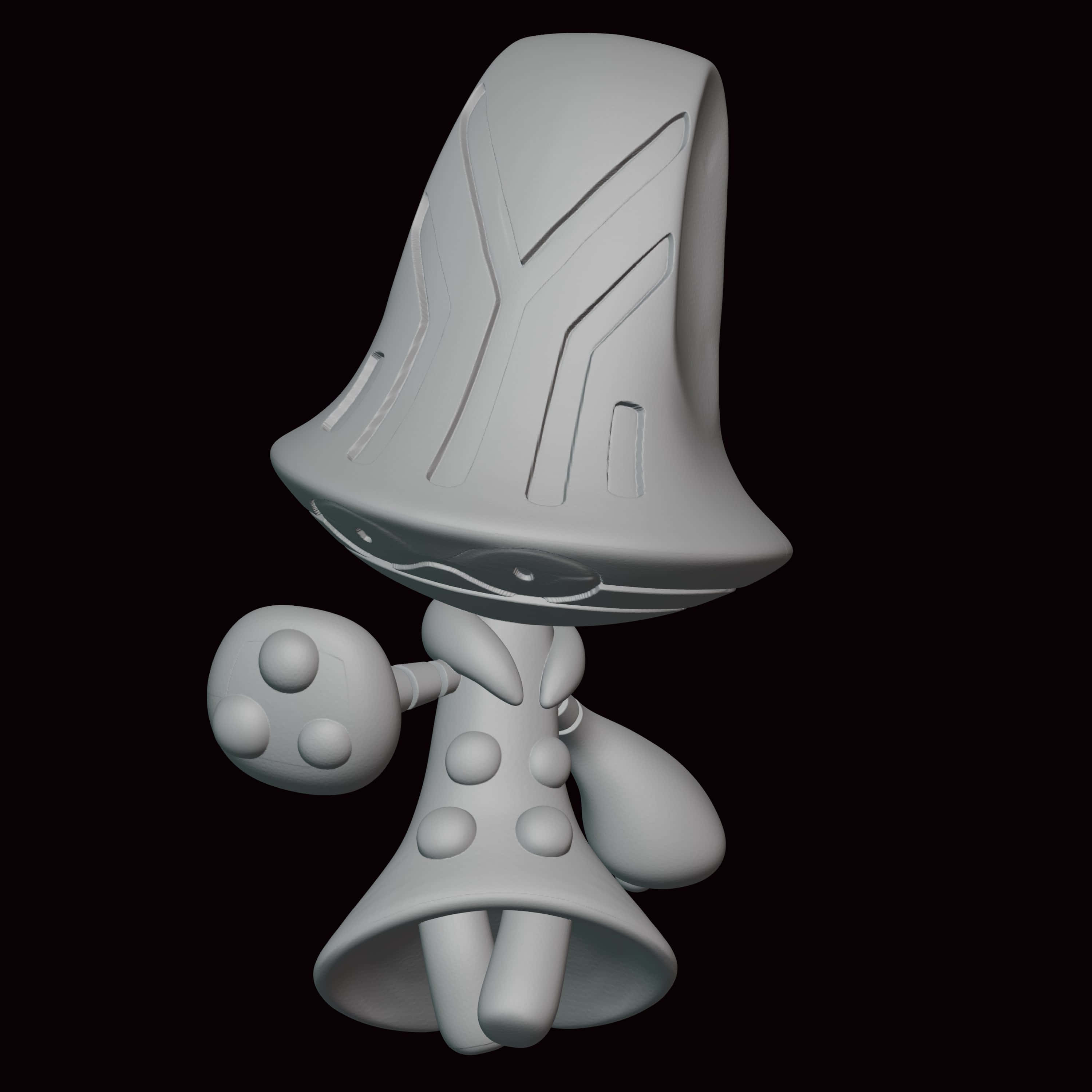 黑白3D比鷹伊姆 壁紙 — 一個光滑的白色3D渲染外星生物，帶有幾何圖案和球根狀肢體，背景為黑色。