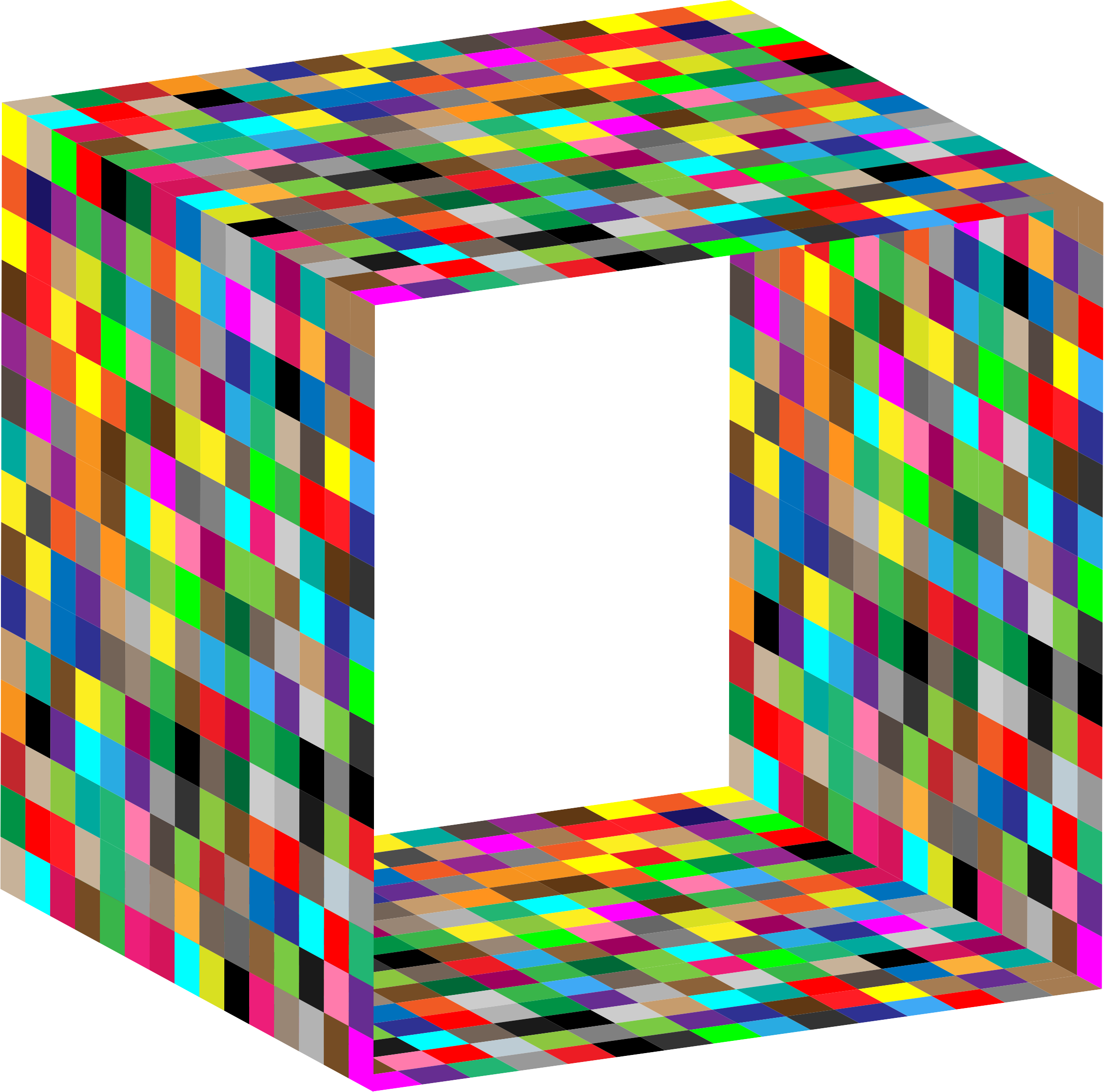 多色3D視覺錯覺 壁紙 — 一個充滿活力的像素立方體，由多彩色方塊組成，在黑色背景上形成空心3D結構。