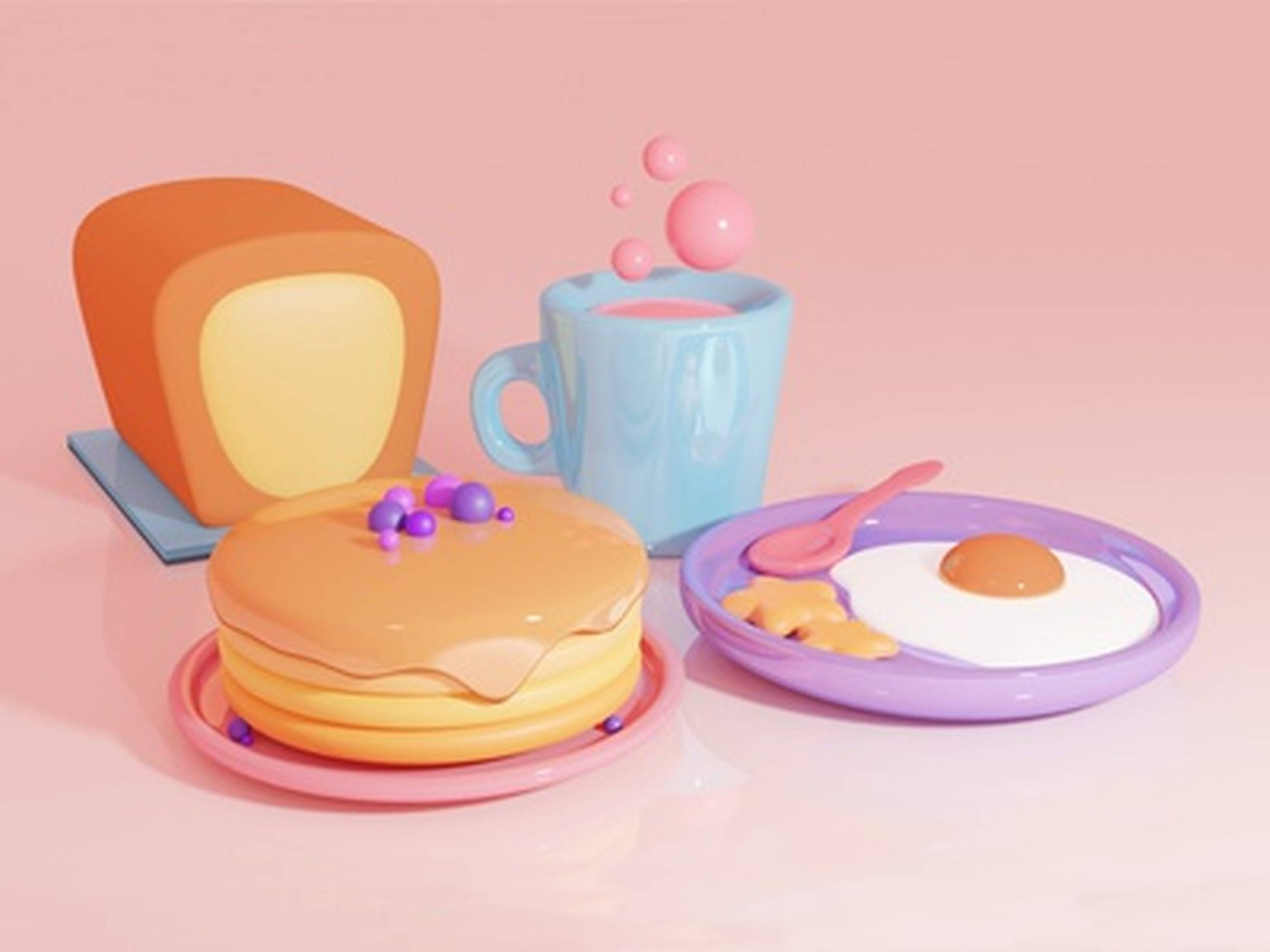 柔粉3D早餐 壁紙 — 柔和粉紅色背景上，色彩鮮豔的碟子盛載著班戟、多士和太陽蛋的粉彩色早餐場景。