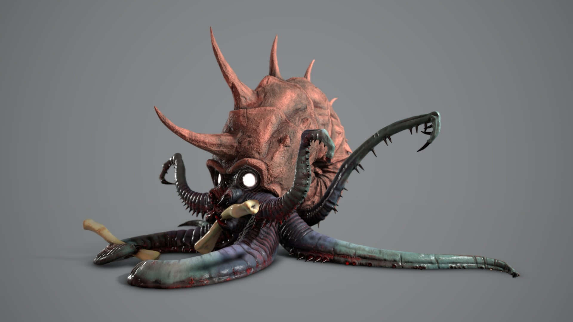 真實感3D Omastar 壁紙 — 一個怪誕的3D渲染怪物，有帶刺的外殼、發光的眼睛和帶刺的觸手，背景是純灰色。