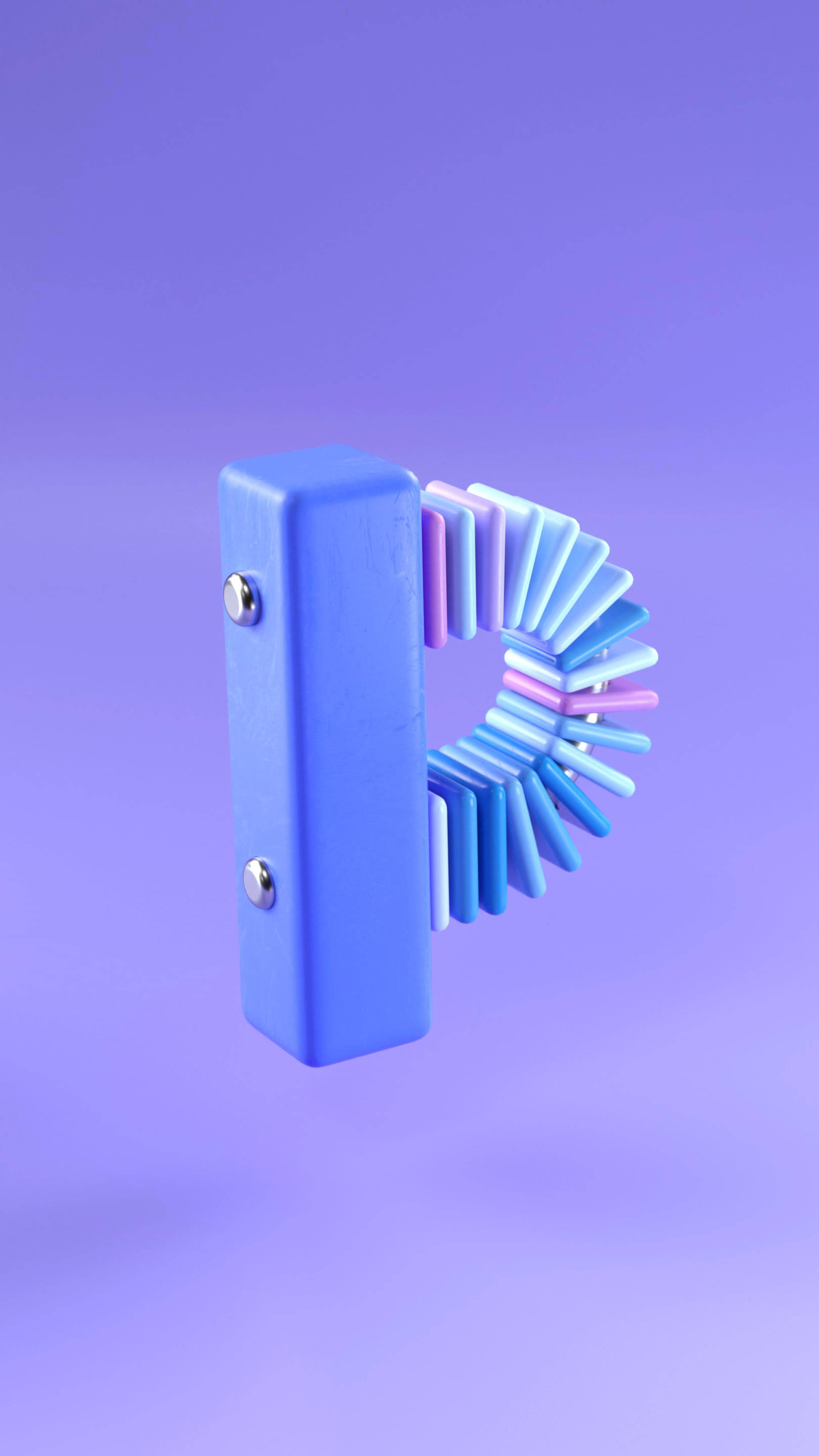 彩色 3D P 字母 壁紙 — 一個時尚的藍色3D字母p，帶有漸變扇形延伸，漂浮在柔和的紫色漸變背景上。