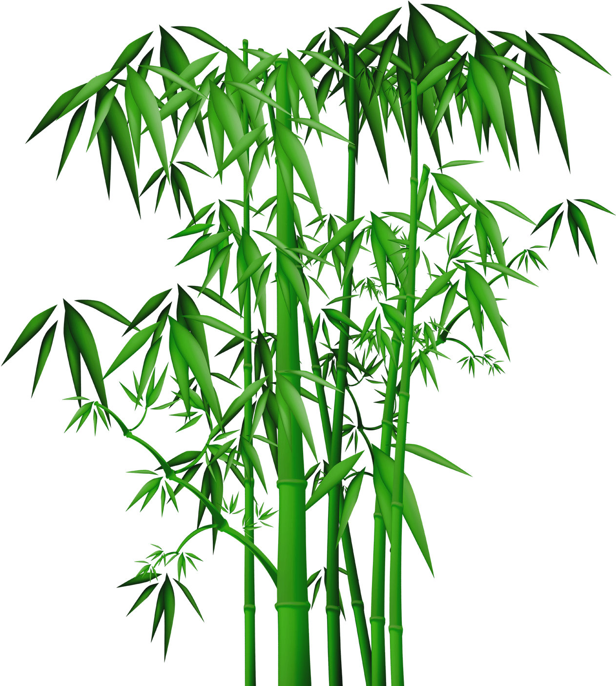 生動綠色竹子3D渲染 壁紙 — 充滿活力的綠色竹莖，帶有細緻的葉子，在純黑色背景上高高聳立。