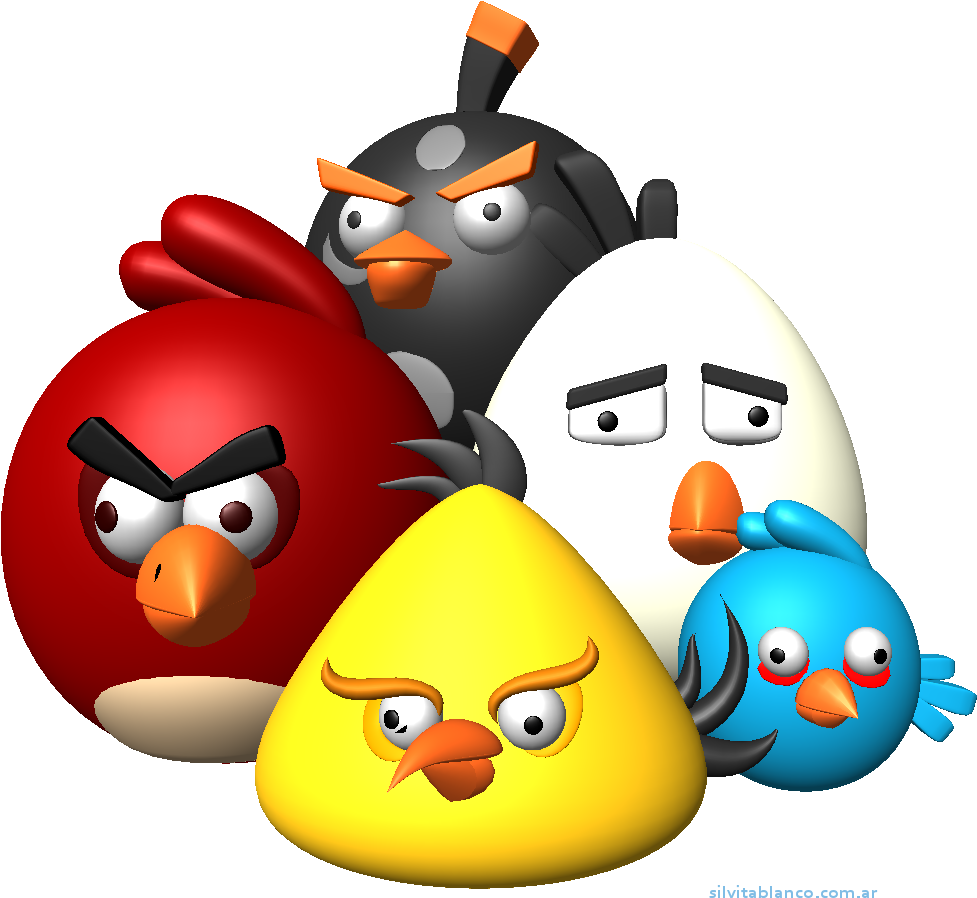 憤怒鳥角色3D 壁紙 — 五個色彩繽紛嘅 Angry Birds 角色帶住憤怒嘅表情企喺黑色背景前面。