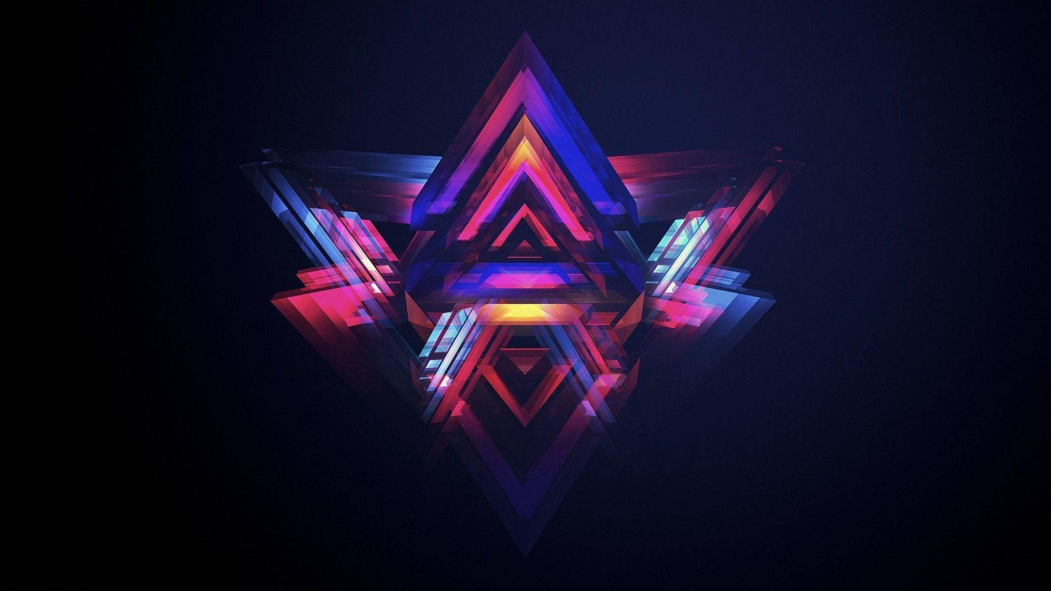 炫彩3D切面 壁紙 — 一個發光的霓虹幾何星爆，帶有分層三角形，在深色背景上散發出充滿活力的粉紅色、藍色和橙色色調。