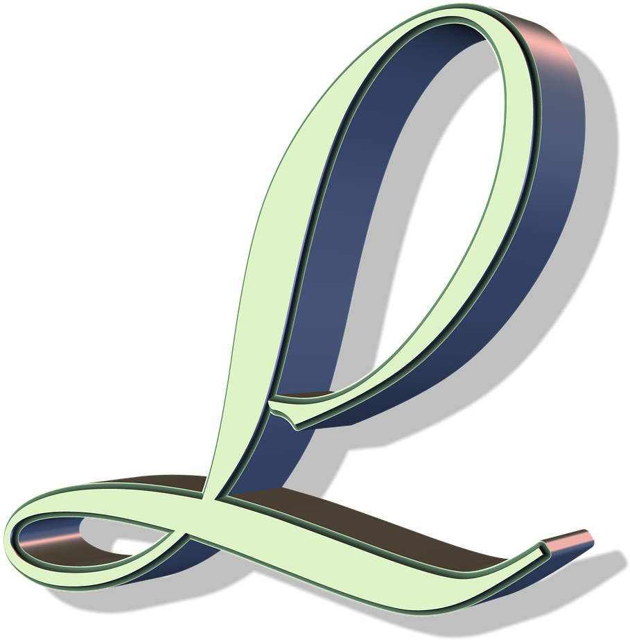精緻 3D 字母 Q 設計 壁紙 — 一個時尚的3D渲染字母L，帶有金屬綠色高光和深藍色陰影，背景為黑色。