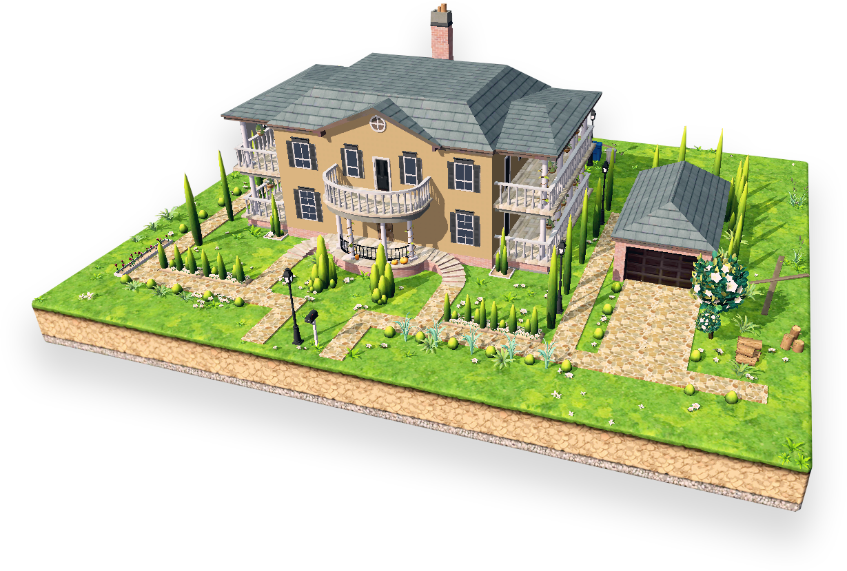 優雅的郊區雙層住宅3D模型 壁紙 — 一座3D渲染的兩層米色房屋，灰色屋頂和白色陽台，坐落在茂密的綠色草坪上，有石徑和高大的柏樹。