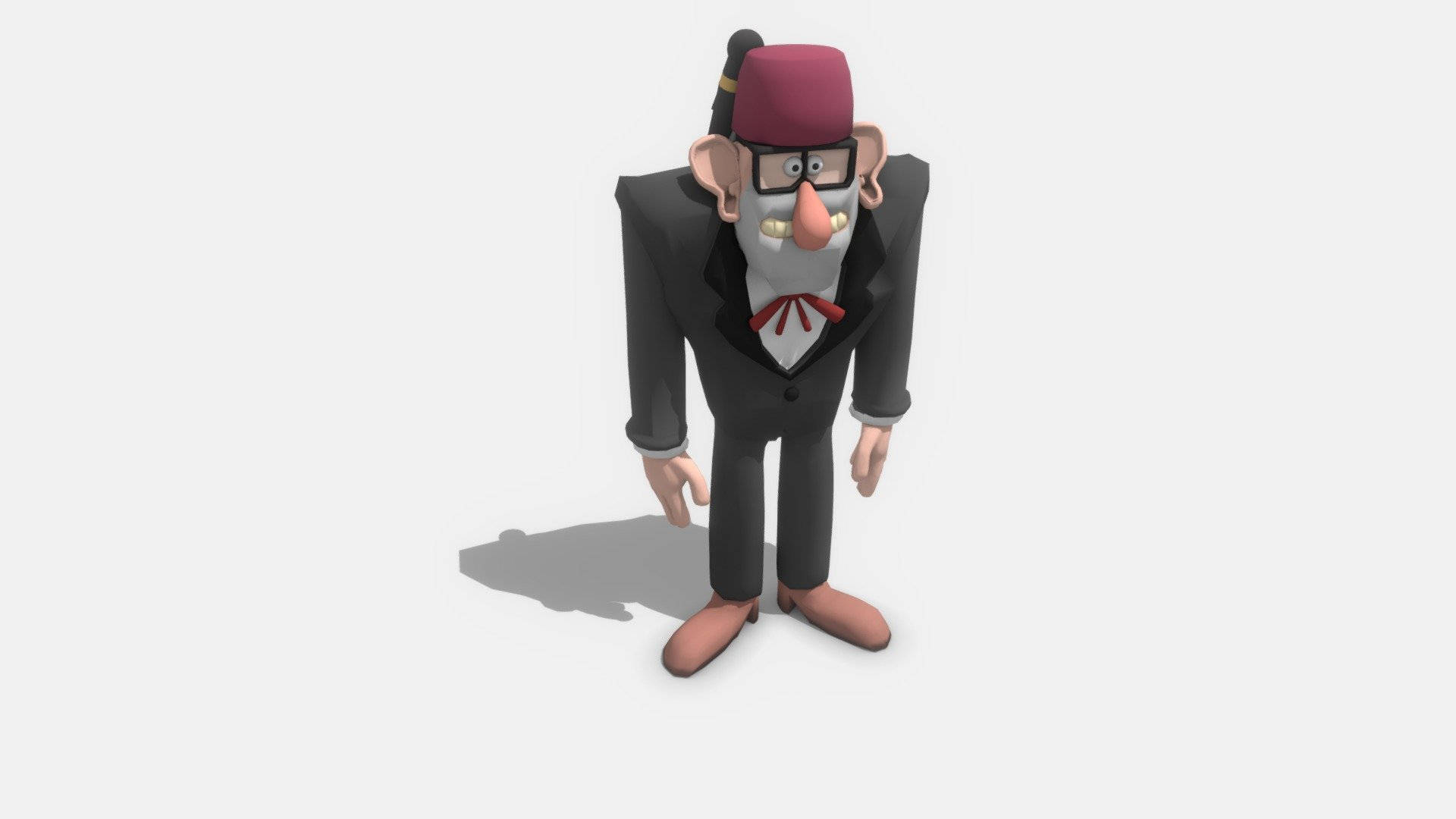 格倫克爾·斯坦3D白色背景 壁紙 — 一個3D渲染的卡通男人，身穿黑色西裝和紅色氈帽，戴著長鼻子和眼鏡，在純白色背景前彎腰向前。