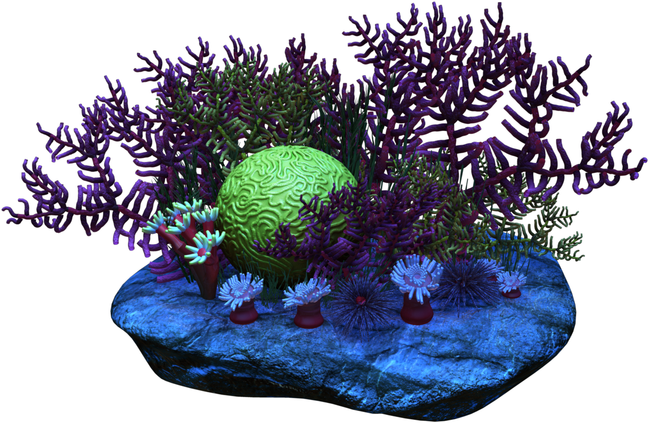 生動珊瑚礁3D渲染 壁紙 — 鮮豔的紫色珊瑚和發光的綠色腦狀球體環繞著黑色背景中藍色岩石上發光的海葵。