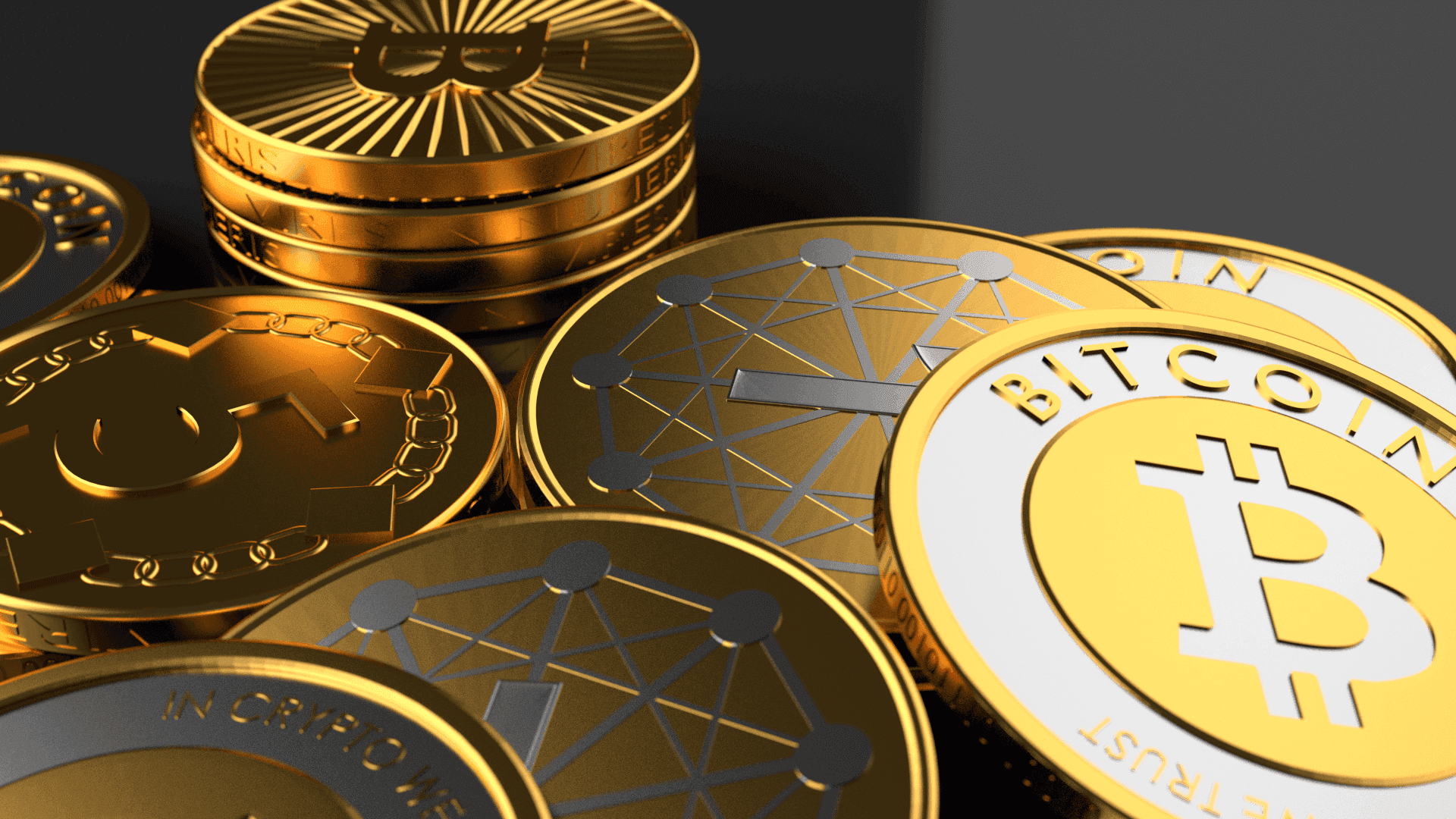 比特幣及其他加密貨幣的3D渲染 壁紙