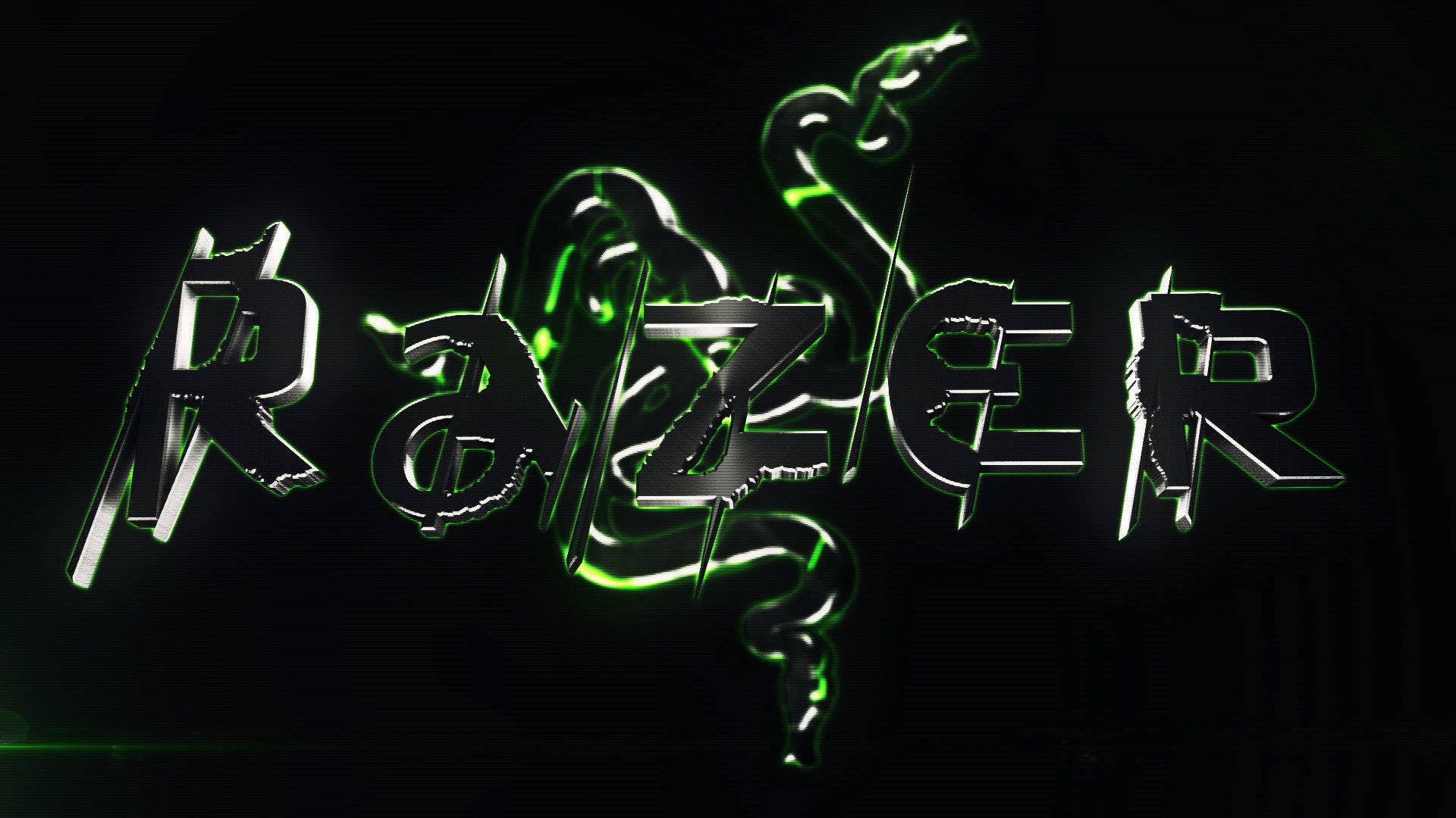 3D Razer PC 品牌名稱標誌 壁紙 — 發光綠色Razer標誌，帶有風格化的蛇纏繞在粗體金屬字母上，背景為黑色。