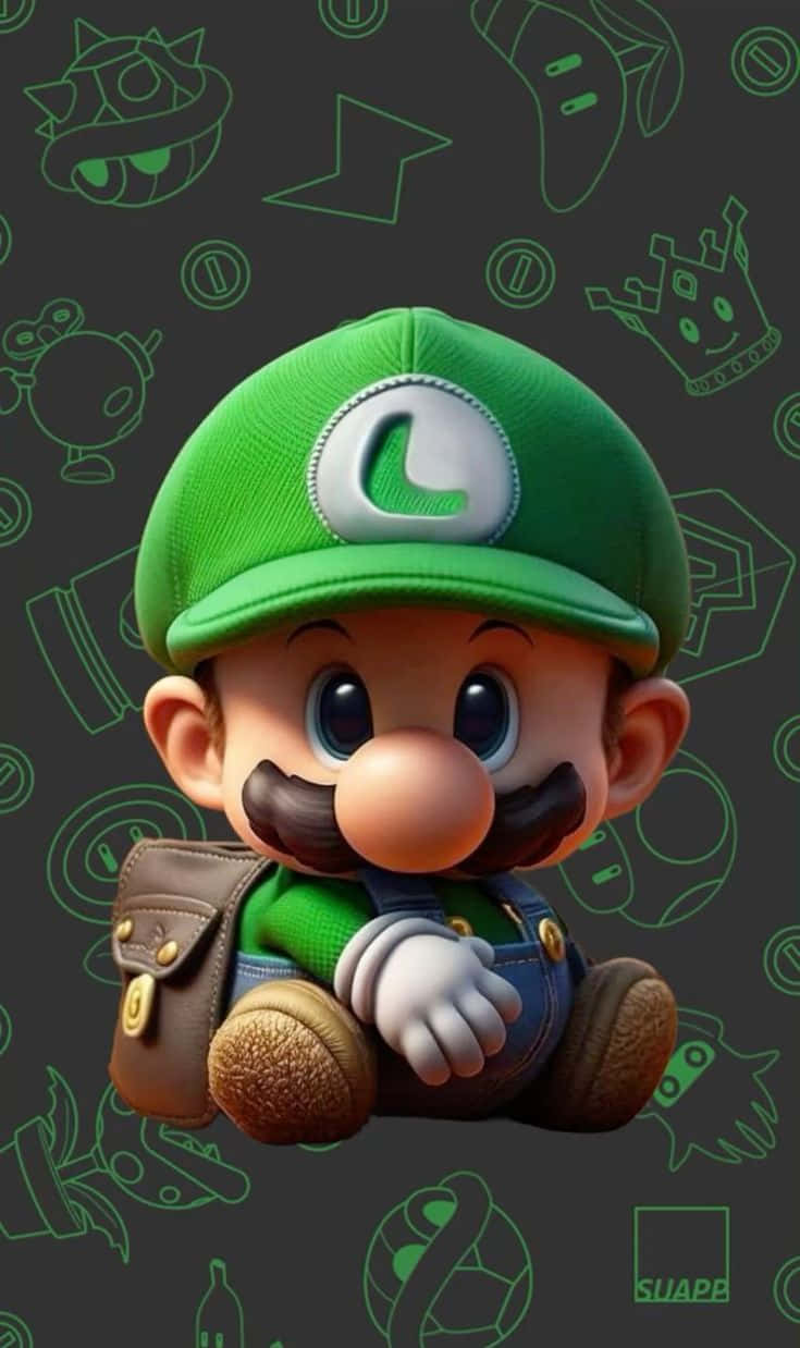Baby Luigi 桌布 壁紙 — 一個3D渲染的嬰兒路易吉坐在黑暗背景中央，身後有發光的綠色遊戲圖標。