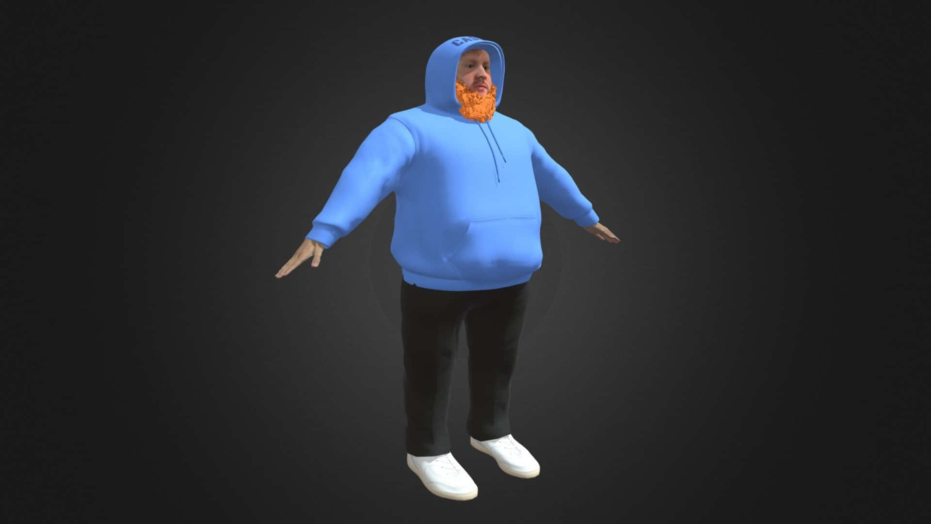  壁紙 — 一個3D渲染的男人，穿著藍色連帽衫，留著亮橙色鬍子，站在深色漸變背景前。
